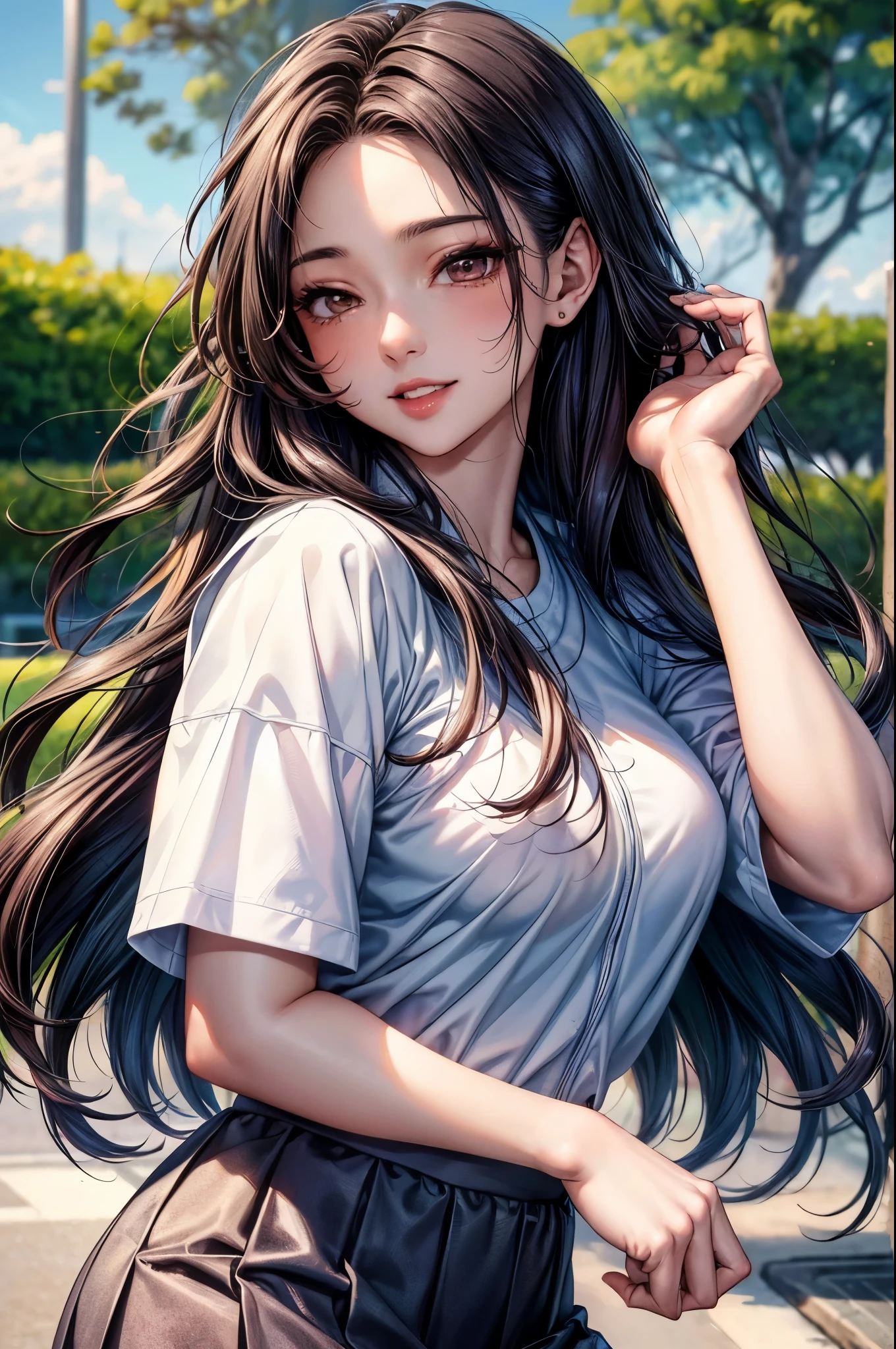 masterpiece、Top quality、high resolution、High-quality images、8k, 1 female、Skin radiance、Skin and clothing textures、Delicate eye expression、shiny long hair girl, Comics inspired by Lee Jong Suk, Popular on deviantart, realism, Detailed comic style, Comic art style, Perfect line drawing, Beautiful line art, Digital Comic Art Girl, Hallyu idol, skirt, Detailed brown eyes, Full lips, detailed gorgeous face, (Lovely smile), Tempting, Innocent, Side view, (Perfect facial details), (Detailed hands) Realistic images, Depth of Field, Japanese Jiqi hairstyle, good exercise, sports Shorts, Stylish sportswear, White baseball cap, outdoor, public park