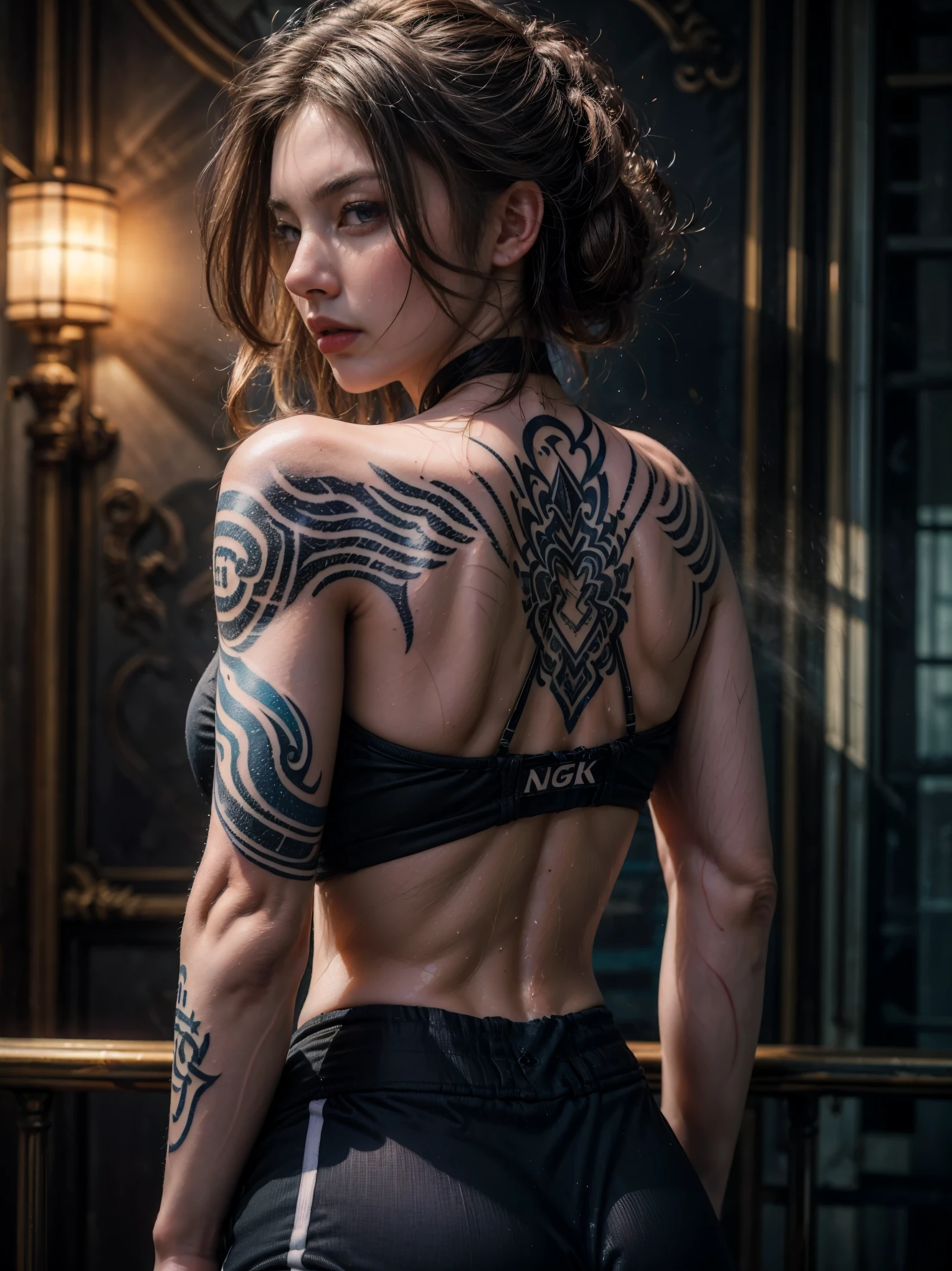 ((top-quality, 8K, masterpiece:1.3)),photorealistic portrait of muscular girl ,(sweating:1.5),(looking back to viewer:1.5),(tattoo on her back:1.5), wearing detailed sports bra and leggings, Emphasizes abdominal muscles, muscular body like a bodybuilder, blonde messy hair , white light adds a cinematic touch to the scene amidst the black tattoo, cinematic lighting completes the overall atmosphere ,, standing,(),(upper body image:1.5),()