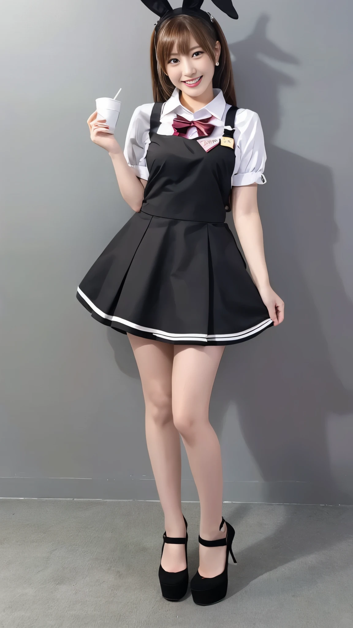Bunny girl working at maid cafe:1.5,The best smile:1.5,Full Body Shot:1.5,Gray background:1.5,Wearing black high heels:1.5,