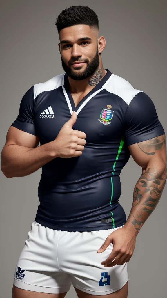 1 pale man rugby player ,Full body, smile, rugby player, sport iridescent pants, rugby tight esportive uniform, Black hair fade , iridescent alluring large eyes, European 40yo man, (High shadow detail), wearing Calvin Klein rugby brands uniform, muscular chest, strong long legs, left neck tattoo, large mouth, Wide shoulders, nice detailed hands thumbs-up, field background