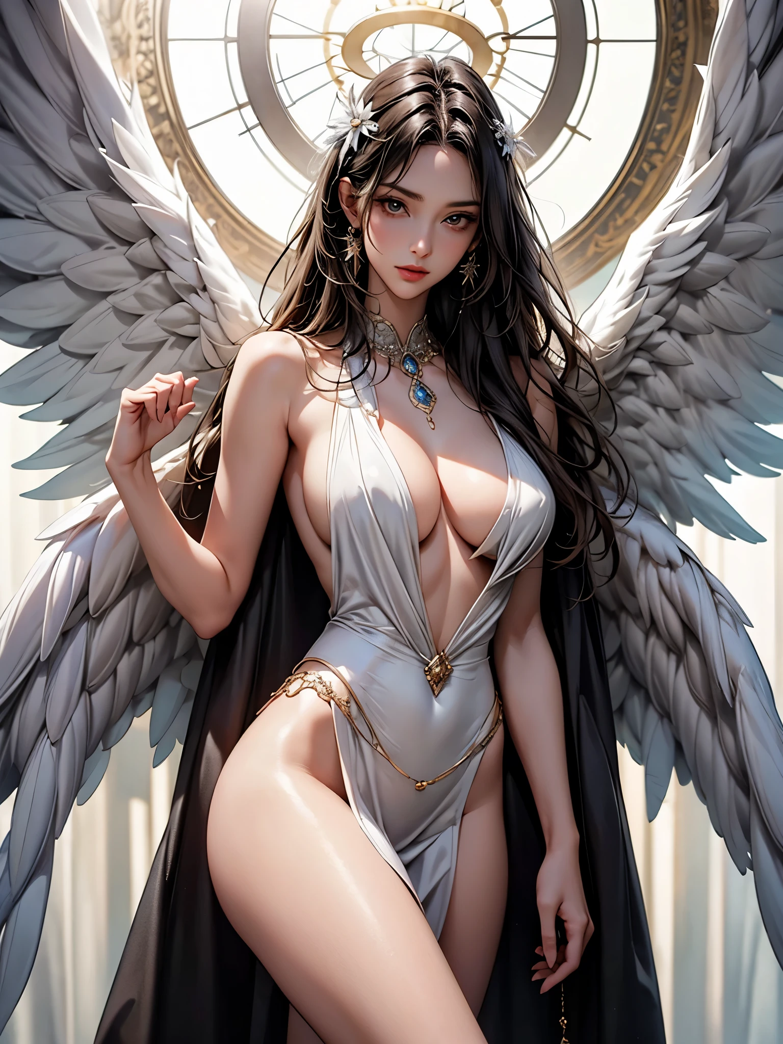 a goddess of the magic, sexy and beautiful, (have four hands), A pair of black and white feather wings behind the back, upright star totem float behind the back, magic circle on feets, halo, super textured skin, super detail face, perfect face, Super fine facial details, beautiful and delicate eyes, perfect eyes, correct limbs, correct figner, super detail figner, best hair quality, best clothing quality, best prop quality, best halo detail and quality, best magic circle detail and quality, complex halo detail, anatomically correct
