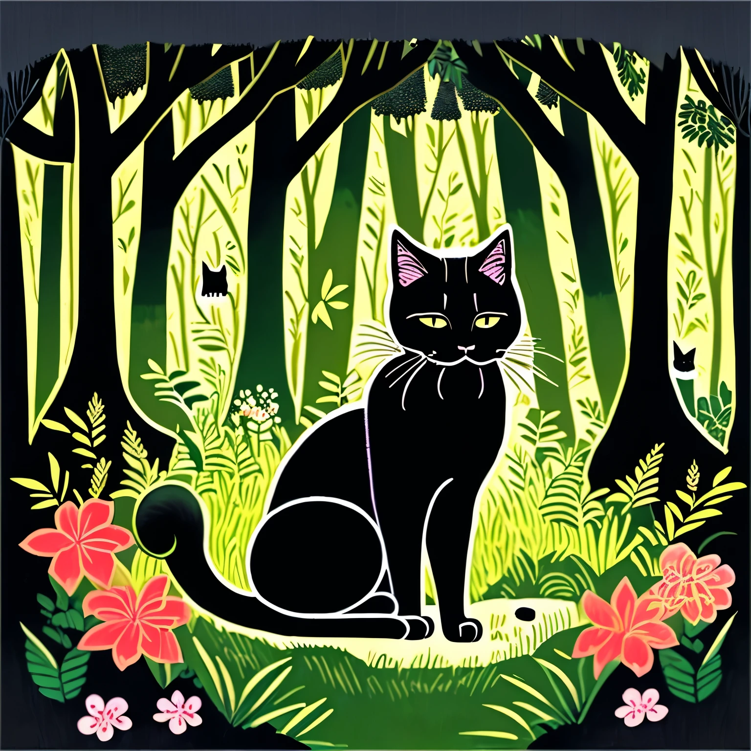 there is a black cat that is sitting in the bushes, cat in the forest, by André Beauneveu, by Ni Tian, beautiful illustration, by Yang J, jen bartel, by Eizan Kikukawa, 🌺 cgsociety, by Zofia Stryjenska, by Ni Duan, by Andrée Ruellan, by Jean Hélion