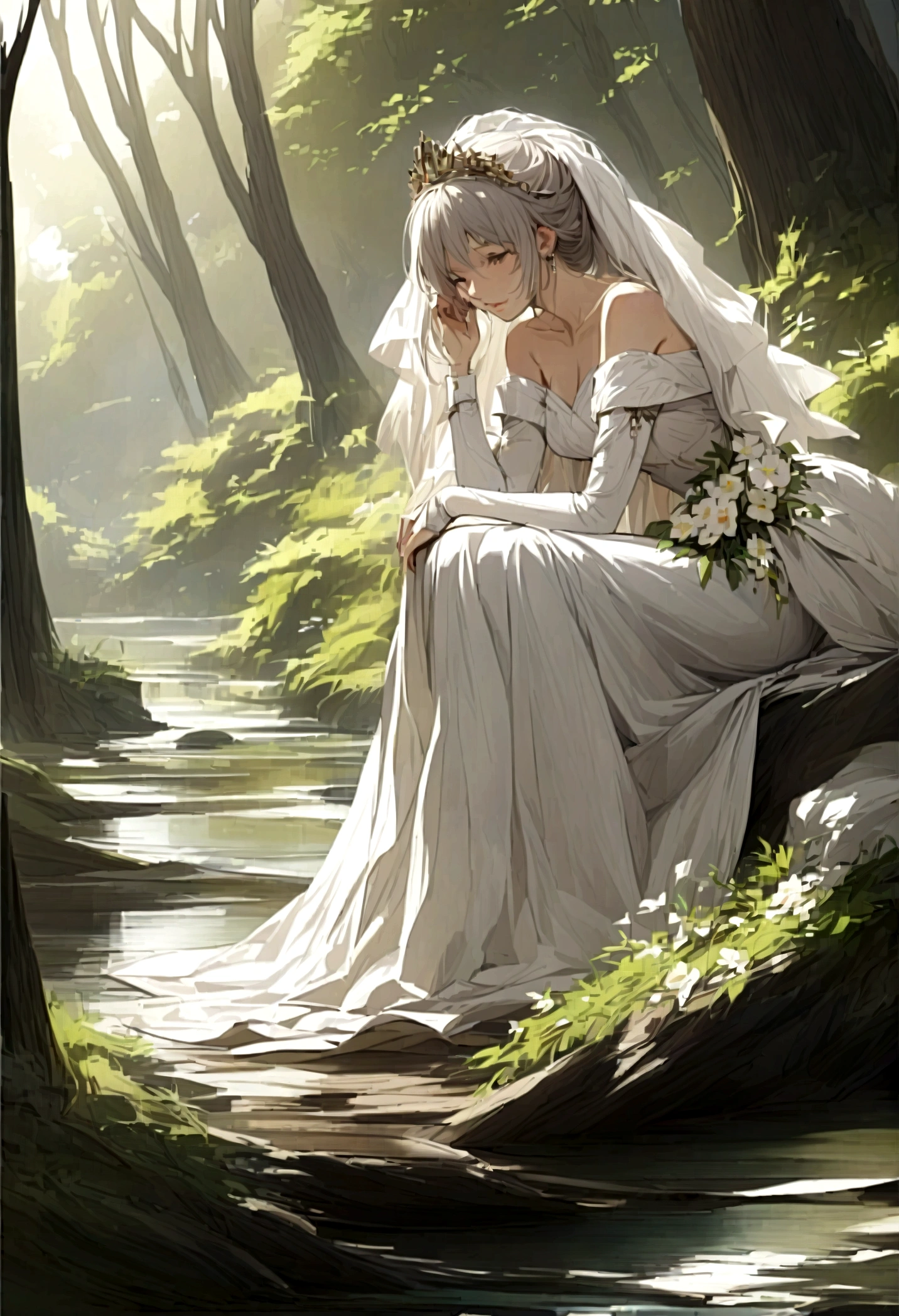 Create a hyper-realistic image of a traditional African wedding scene, focusing on the natural and romantic atmosphere of the couple in a lush, green environment.
Scene:

A serene river flowing gently through a dense forest.
Large, smooth rocks scattered along the riverbed, some partially submerged in water.
The background is filled with thick, green foliage, creating a natural, intimate setting.
Characters:

The bride and groom are the focal point of the image.
The bride is wearing a stunning, off-the-shoulder white wedding dress with a long, flowing train. She has a delicate tiara on her head and holds a bouquet of vibrant red and white flowers.
The groom is dressed in a white shirt and white pants, with a look of adoration as he gently kisses the bride's hand while seated on a large rock.
Environment:

The setting is a forested area, rich with various shades of green from the trees and plants.
The river reflects the greenery, adding depth and tranquility to the scene.
The lighting is soft and natural, suggesting an overcast or slightly shaded environment.
Ambiance:

The overall mood is romantic and peaceful, with a strong connection to nature.
The detailed elements, such as the flowing water, lush foliage, and the tender interaction between the bride and groom, should be emphasized to create a lifelike and emotionally engaging scene.
Style:

Hyper-realistic with a focus on natural textures and colors.
Every detail, from the fabric of the wedding dress to the leaves on the trees, should be rendered with precision to enhance the realism.