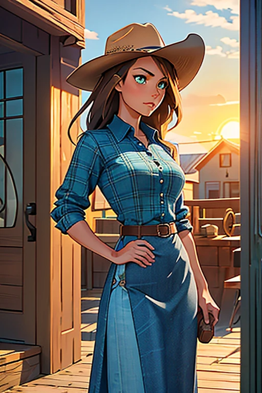 {Hyper realistic dynamic vision, sharp clean image and UHD 16K} A beautiful woman with a slim waist and snapper hips, in country style (thin blue and black plaid dress shirt, tight fitted shirt), standing out in a western town. Her tanned skin shines in the setting sun, “sweat”, large symmetrical and radiant green eyes, wavy brown hair falls gently over her shoulders. She wears a brown cowboy hat, thin blue and black plaid, tight-fitting dress shirt, faded jeans, and embroidered leather boots. It is on a dirt street surrounded by typical western wooden buildings. The local saloon has swinging doors and a porch where the cowboys chat. The barbershop has a rotating plate and the blacksmith shop next door is active with the sound of hammering. Horses tied to wooden posts and a hay cart passing by complete the scene. The golden light of the sunset casts shadows and bathes the city in a warm glow, capturing the vibrant essence of the Old West.