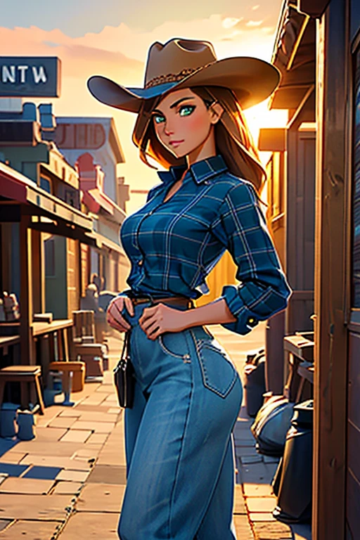{Hyper realistic dynamic vision, sharp clean image and UHD 16K} A beautiful woman with a slim waist and snapper hips, in country style (thin blue and black plaid dress shirt, tight fitted shirt), standing out in a western town. Her tanned skin shines in the setting sun, “sweat”, large symmetrical and radiant green eyes, wavy brown hair falls gently over her shoulders. She wears a brown cowboy hat, thin blue and black plaid, tight-fitting dress shirt, faded jeans, and embroidered leather boots. It is on a dirt street surrounded by typical western wooden buildings. The local saloon has swinging doors and a porch where the cowboys chat. The barbershop has a rotating plate and the blacksmith shop next door is active with the sound of hammering. Horses tied to wooden posts and a hay cart passing by complete the scene. The golden light of the sunset casts shadows and bathes the city in a warm glow, capturing the vibrant essence of the Old West.