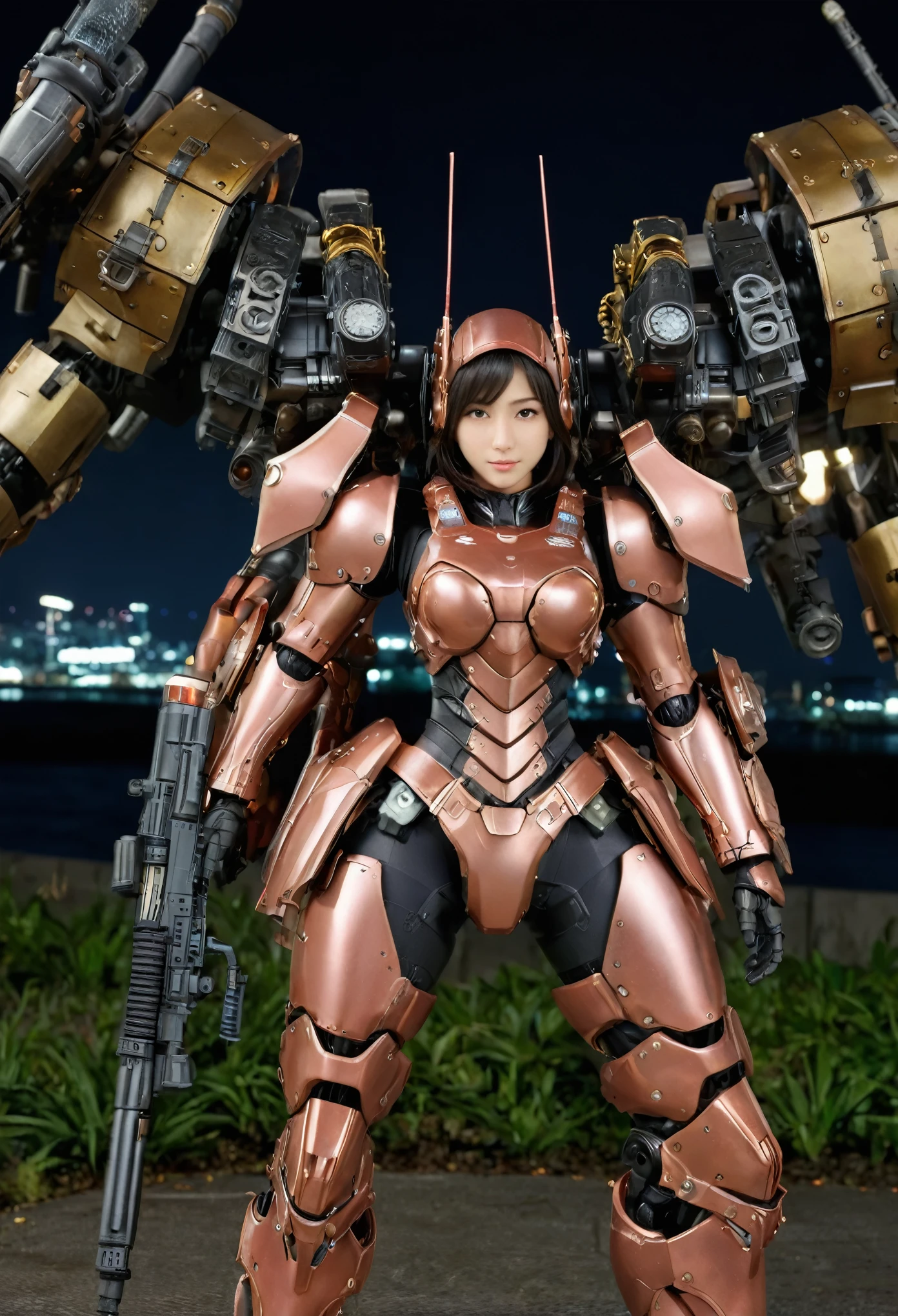 (extremely intricate details)、(Extremely realistic texture) 、Acrylic Coating、mosquit-like raw food designed by Hajime Katoki, intricate mechanical Armor、1 person、(beautiful girl face:1.5), Beautiful female soldier、Multi-legged、Heavy Armor、heavy weapons、Ultra-realistic、Full Body Shot、Night view of the bayside industrial area、Character Spotlight