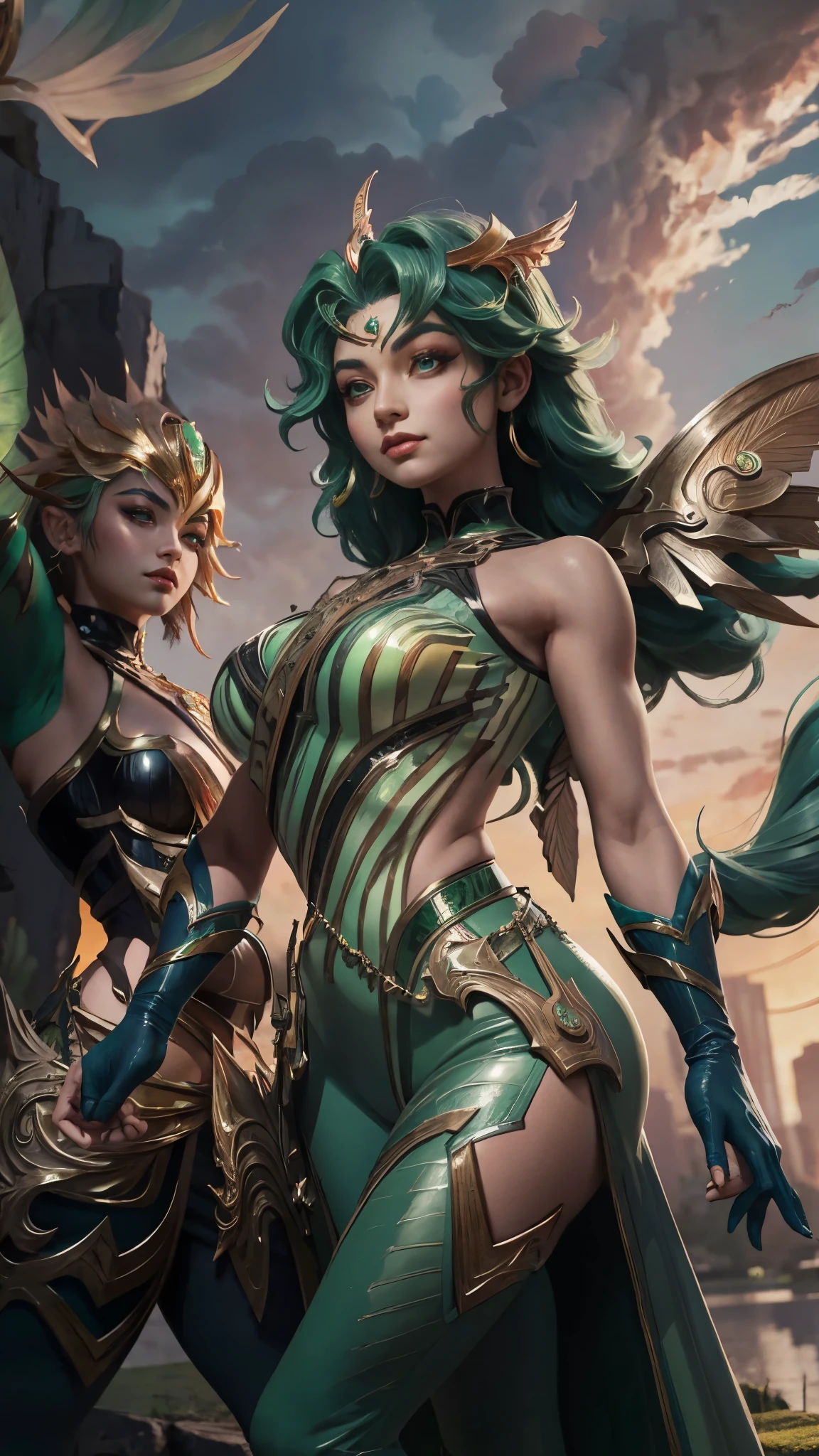 una mujer con una falda verde y un top rosa sosteniendo un paraguas verde, un retrato de personaje inspirado en rossdraws, Tendencias en la sociedad CG, fantasy art, Sailor Jupiter. Hermoso, extremely detailed artistic germ, palutena lady, gama murata y artgerm, germen de arte colorido!!!, estilo ivan talavera y artgerm, german style art