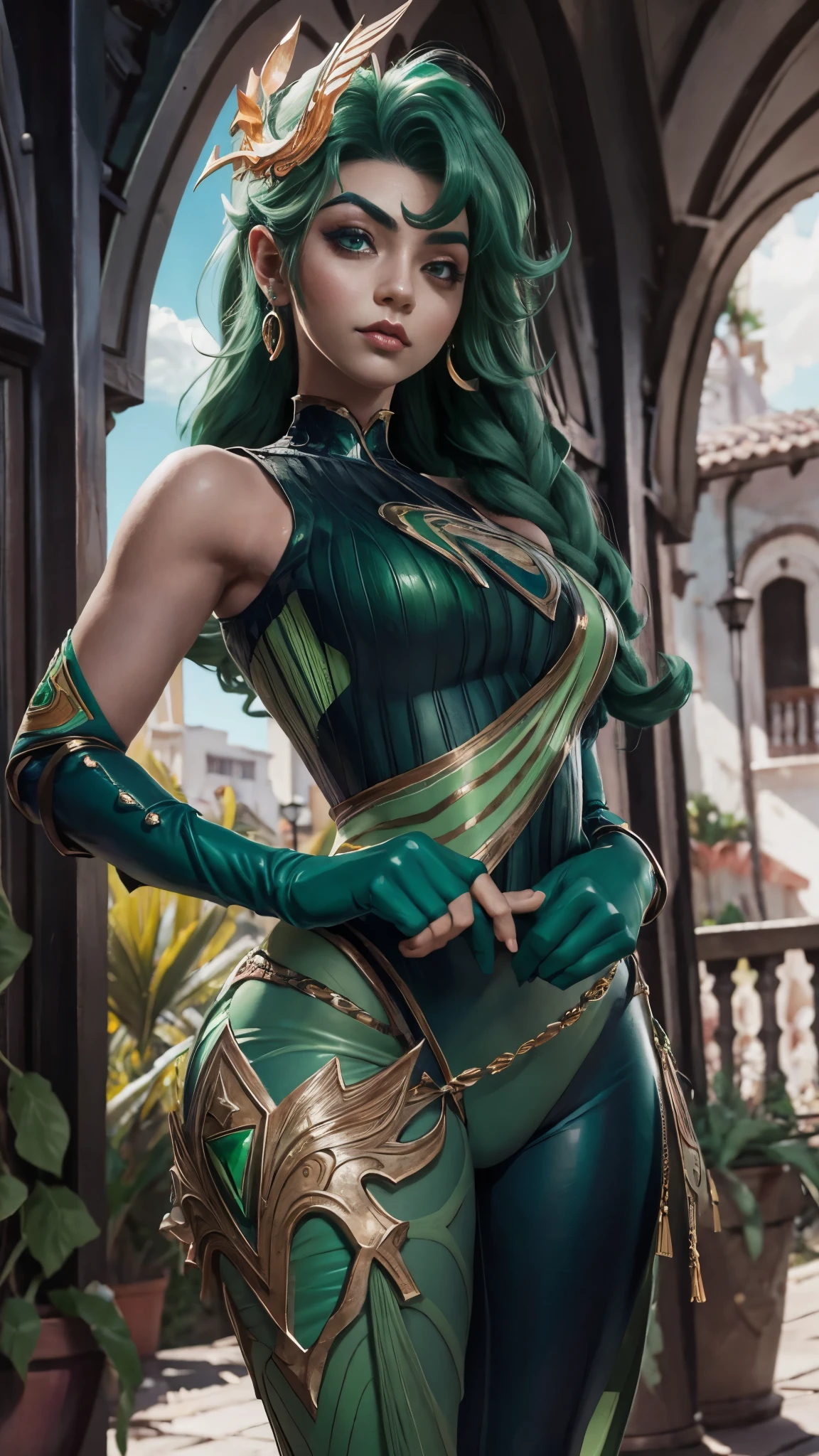 una mujer con una falda verde y un top rosa sosteniendo un paraguas verde, un retrato de personaje inspirado en rossdraws, Tendencias en la sociedad CG, fantasy art, Sailor Jupiter. Hermoso, extremely detailed artistic germ, palutena lady, gama murata y artgerm, germen de arte colorido!!!, estilo ivan talavera y artgerm, german style art