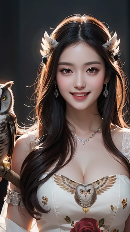 (Highest quality, masterpiece: 1,1), (busty with owl, dark eyes, bright smile, rose hair, illustration), painting, detailed, 8K