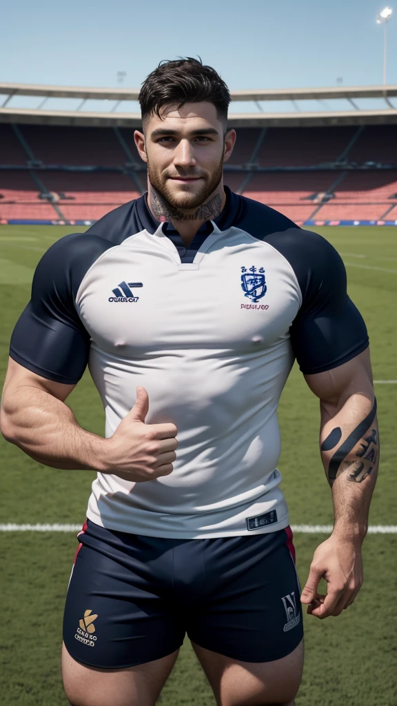 1 pale man rugby player ,Full body, smile, rugby player, sport tight pants, hard on bulge, rugby tight esportive uniform, Black hair fade , iridescent alluring large eyes, European 40yo man, (High shadow detail), wearing Calvin Klein rugby brands uniform, muscular chest, strong long legs, left neck tattoo, large mouth, Wide shoulders, nice detailed hands thumbs-up, field background