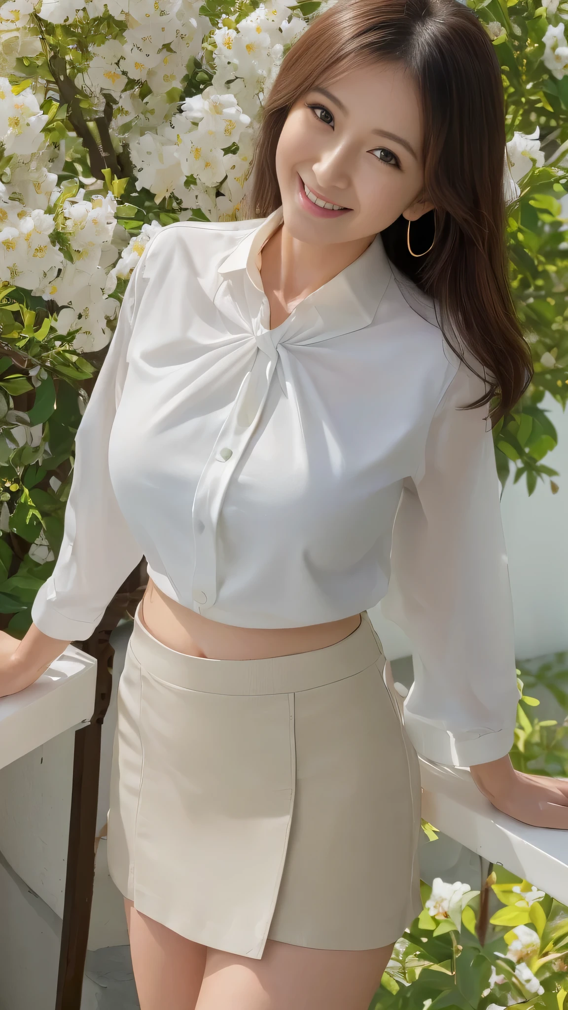 (8k, best quality, masterpiece, golden ratio composition,:1.3), (beautiful Japanese mature woman in her 30s), (huge breasts:1.5), (wearing a light white blouse and a mini skirt that matches the June season:1.5), smiling outdoors with a bright background