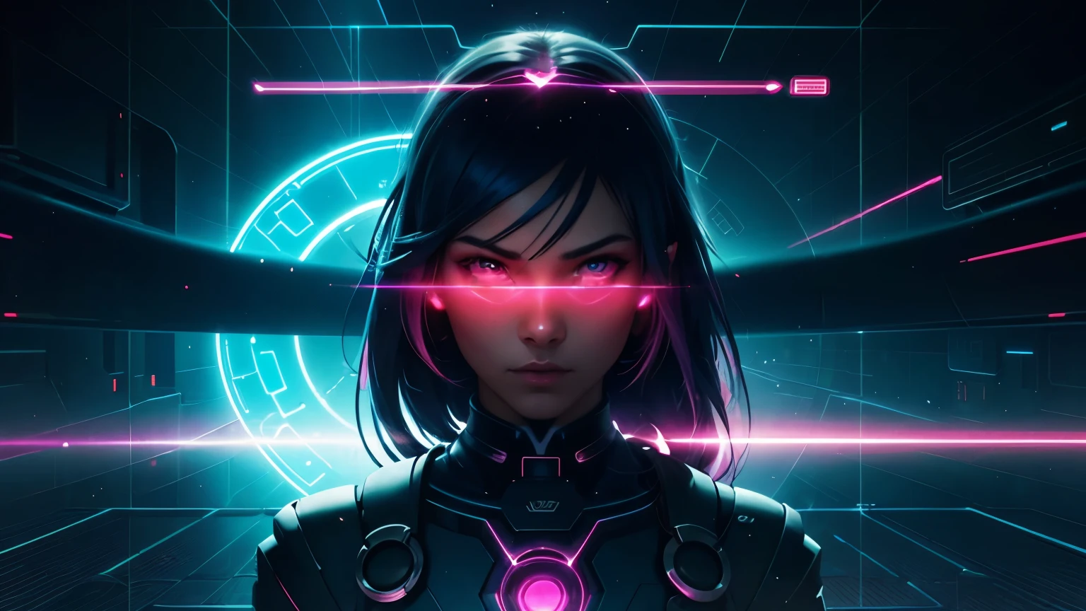 ciberpunk, cabello rosado, futuristic, surreal, ultra ancho, lente gran angular, buscando, dynamic movement, expresivo, vibrante, Sacred cinematic borders, laser hologram