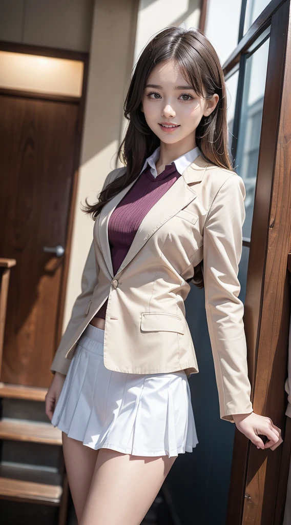 (8K, best quality, masterpiece:1.2), (realistic, photo-realistic:1.37), (high color saturation:1.0), (highly detailed skin), (highest quality:1.0), (ultra high resolution:1.0) ,(realistic:1.0), (Super detailed:1.0), (8K, Raw photo:1.1)、standing random pose, smiling, natural breast, perfect lighting, ((3girls students)), 18years old, (mysterious), clear and detailed, ((school_uniform, Japanese blazer uniform, flared skirt)), (indoor school climb the stairs), surprised face, (I can see her small white panties:1.2), looking at back viewer, nsfw, low angle photo,