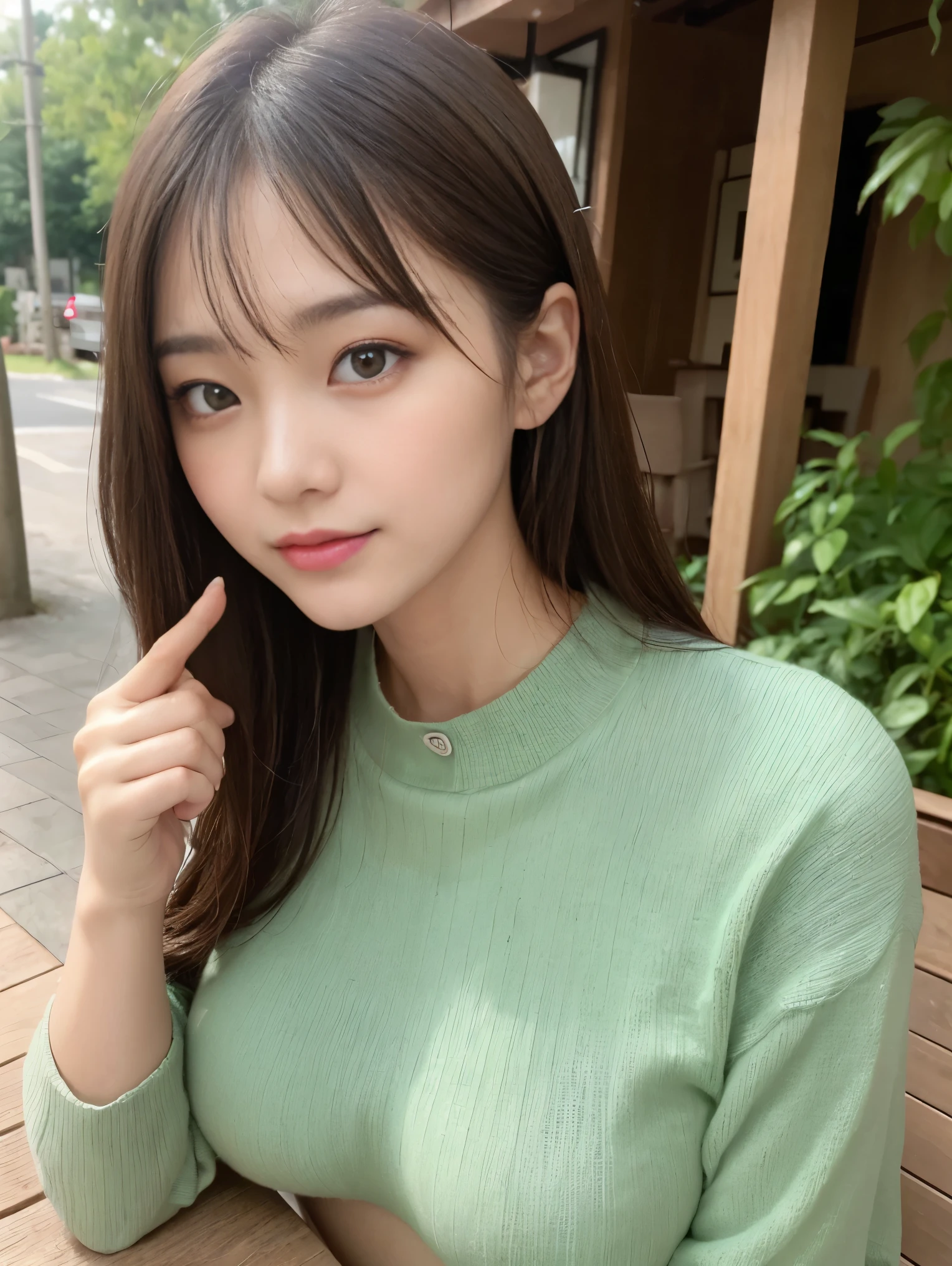 Tabletop, highest quality, Photorealistic, In detail, High resolution, 8k wallpaper, Perfect dynamic composition, Beautiful fine details, Medium Hair, Big ample breasts, Random sexy poses,Put your chest together、(Tight green knitwear)、(Breast Swelling 1.2)、Laughter、Open your mouth、Resort scenery、Outdoor、24-years-old、(Droopy Eyes 1.4)、Adult Beauty、Japanese、Selfie composition、From above at an angle、(Touch your cheek with your right index finger:1.3)