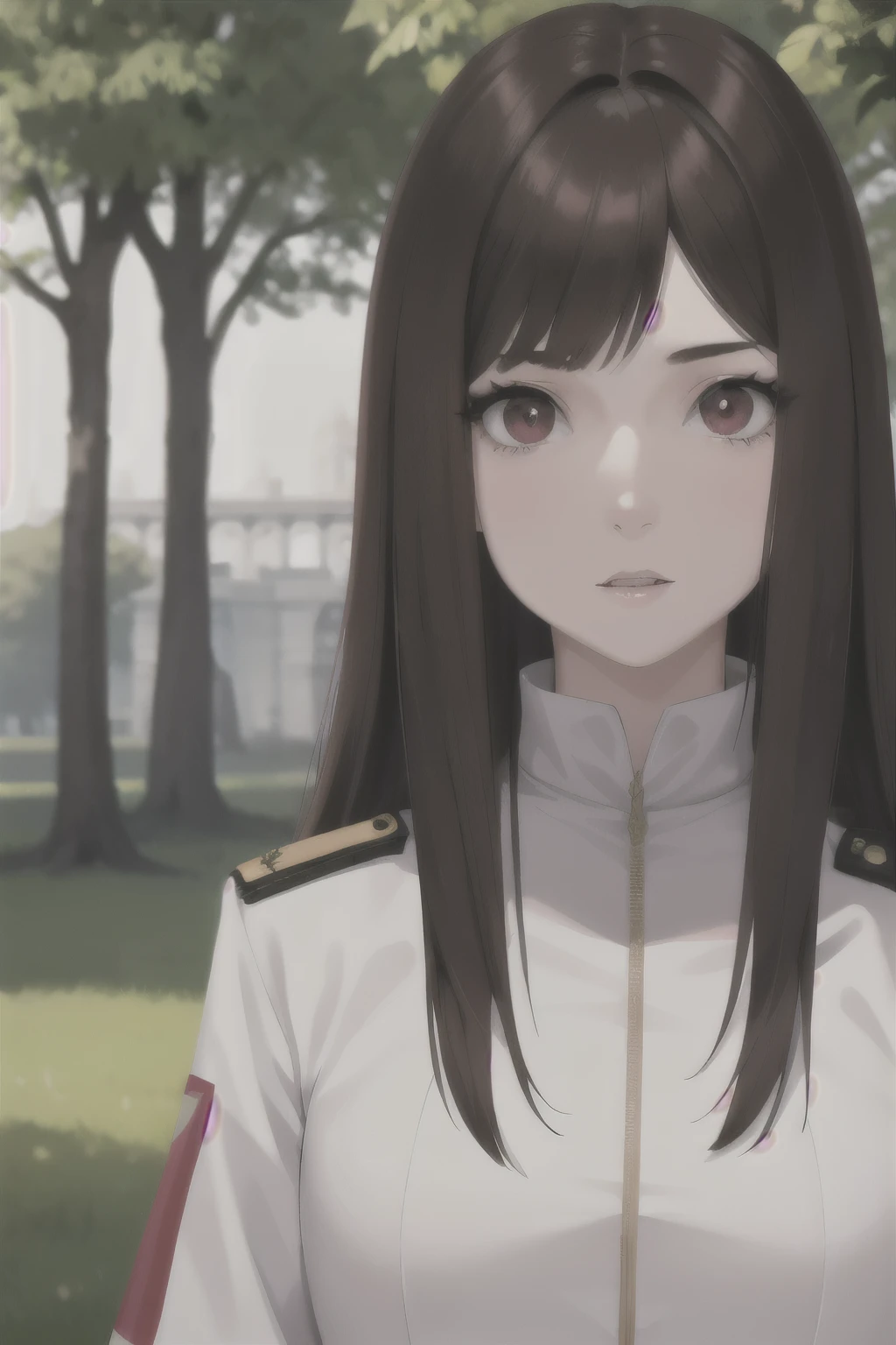 1 girl,straight hair,brown hair, bright red eyes,Looking at the viewer,white army uniform,, standing in the park,close up photo
