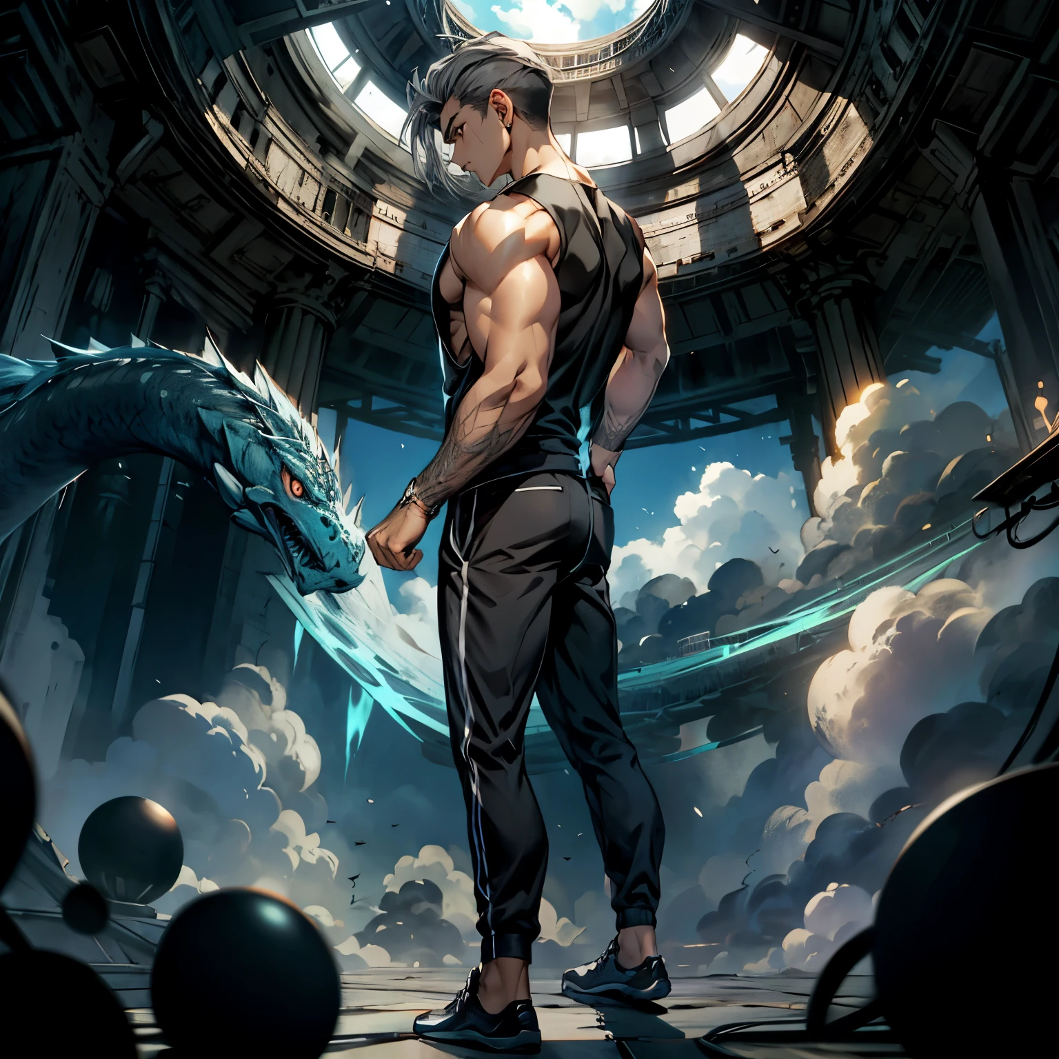 1boys, Full body, Serious face, brown eyes, ((gray hair)), medium length hair, wearing black sleeveless shirt, black tracksuit pants, black hair, levitate on sky, blue sky, cloud, side back view
