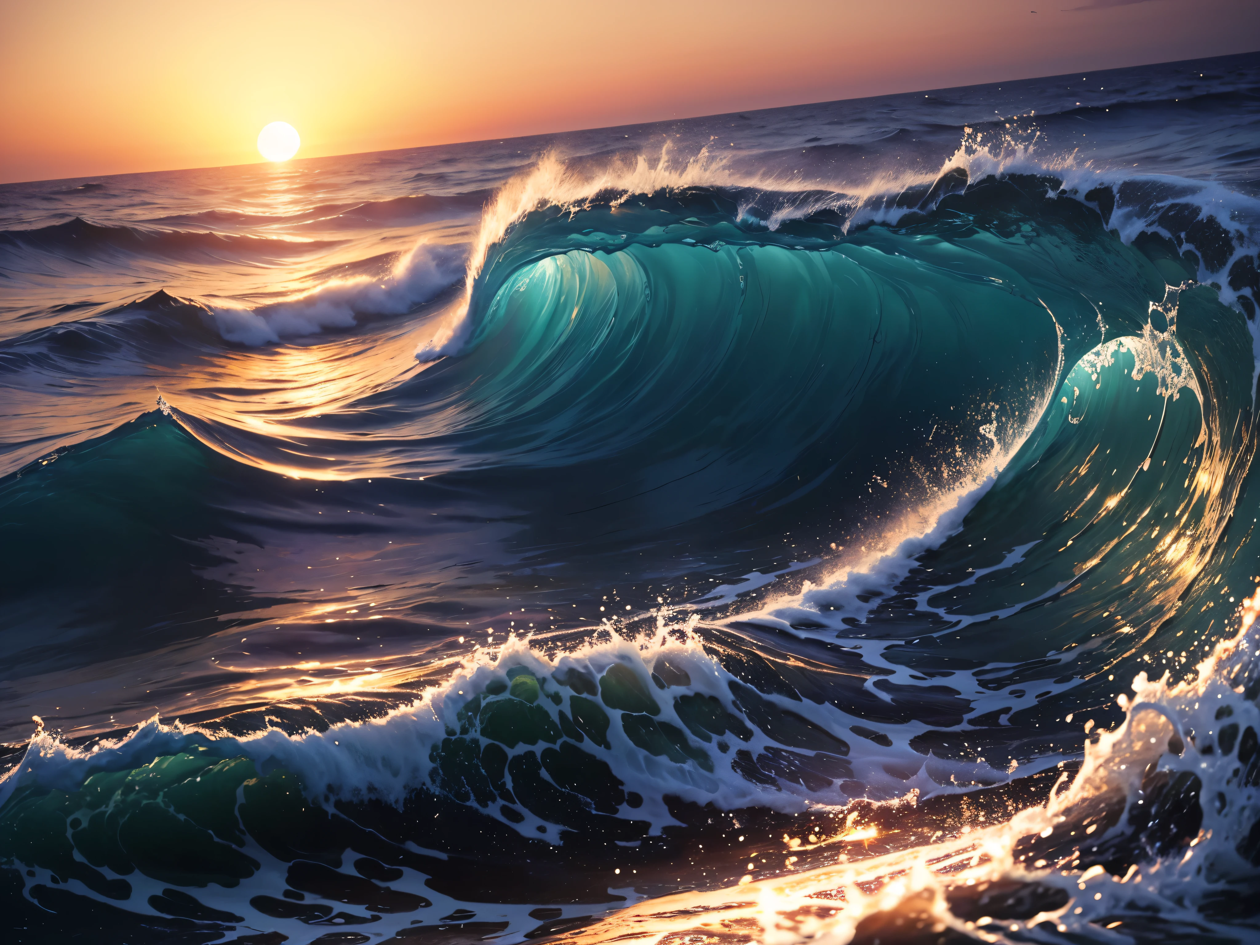 Masterpiece, Best Quality, (8k Very Detailed CG Unit Wallpaper) (Best Quality), (Best Illustration), (Best Shade) Blue Waves, Bright Orange AOL Sunset Through the Waves, Golden Water Drops Flying, (:1.6)