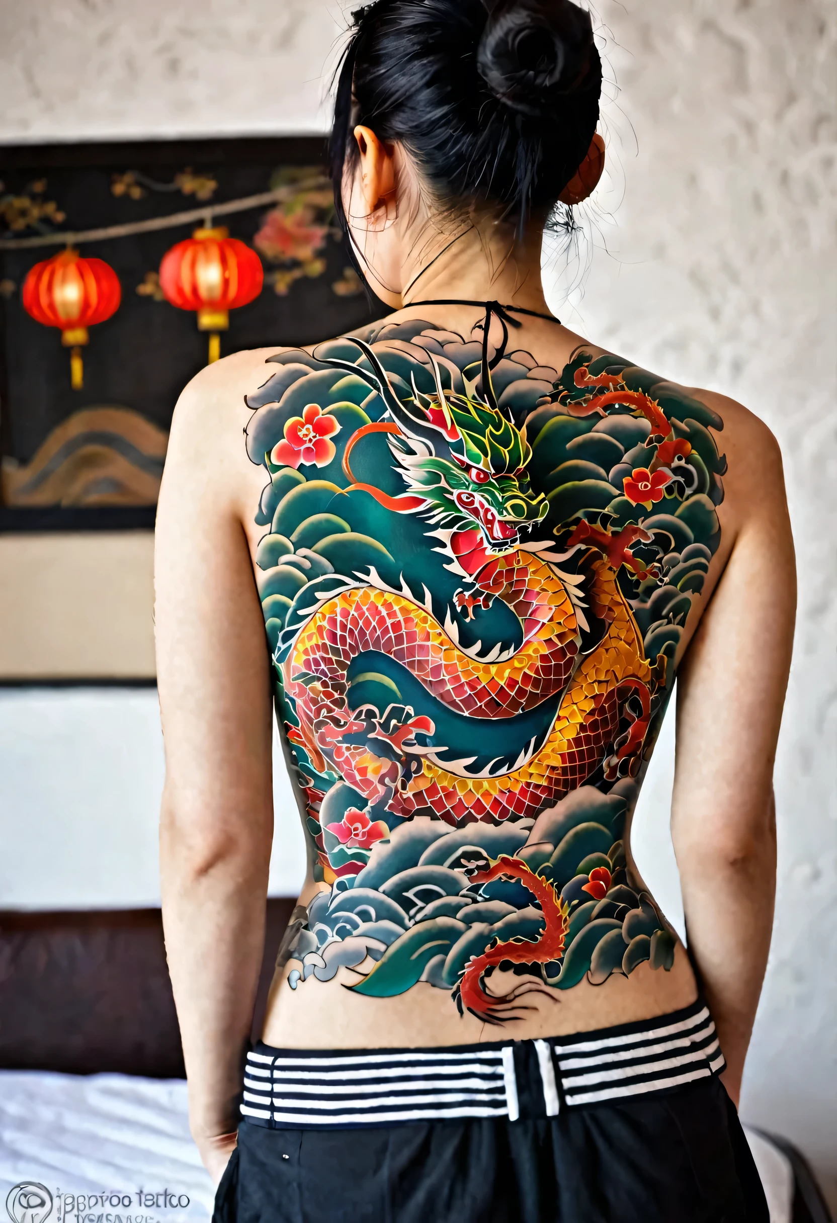 Make a tattoo of a Chinese dragon with the planet Saturn and parts of fire in the most creative and delicate way possible on the back of a white woman 