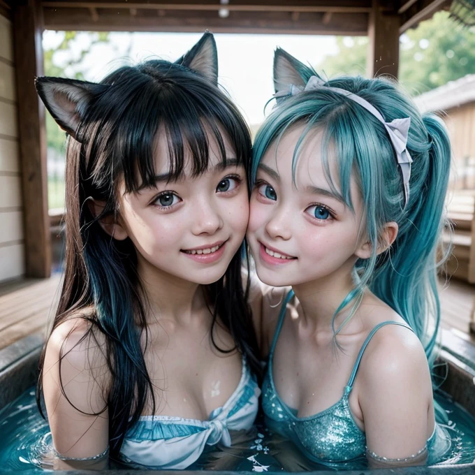 Three pregnant small chested fox eared kindergarden and ar or girls are swimming. Their body are full of soap. They are twin. (They both seven months pregnant).ng each other lips. They wear a tiny glittering light blue tank top. They have a very long glittering light blue hair. Their eyes are light blue. They are stunning, cunning, beautiful, and very very cute. They show a huge smile with teeth