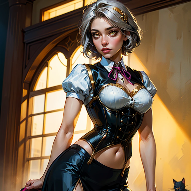 Girl, gray-haired, short-haired, yellow-eyed, small nude breasts, cat hair ornament, sidelocks, gray-haired, shiny hair, uniform, (golden eyes: 1.2), (two long triangular extensions on the skirt, vest corset on the stomach), white buttons of the vest corset, (stripped shirt with short sleeves under the vest corset), (sleeves ends closer to the arms), (thick ribbon of black color on the neck), ( short magenta skirt),