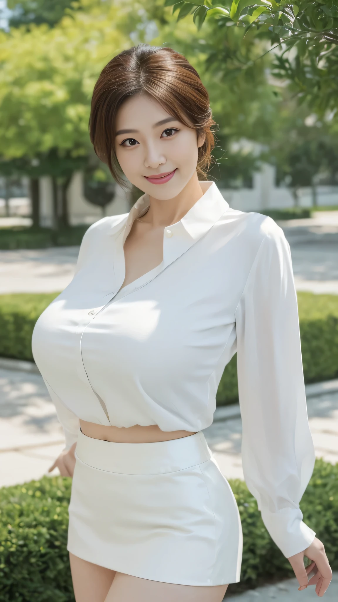 (8k, best quality, masterpiece, golden ratio composition,:1.3), (beautiful Japanese mature woman in her 30s), (huge breasts:1.5), (wearing a light white blouse and a mini skirt that matches the June season:1.5), smiling outdoors with a bright background