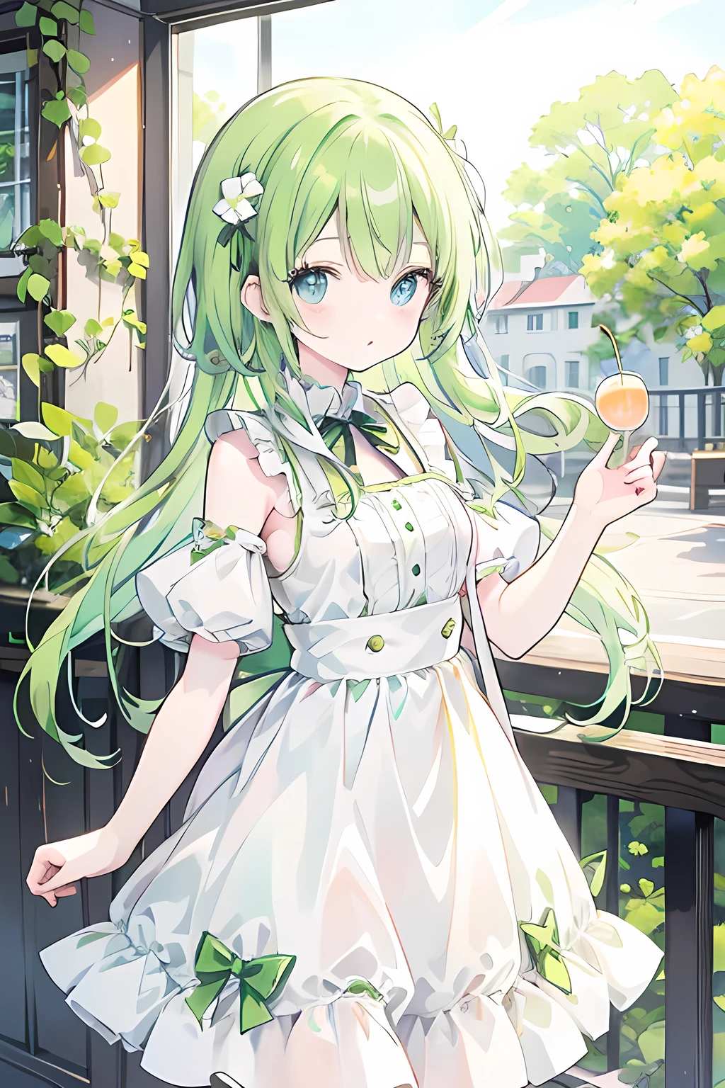 Melon Soda、Cafe、dress、Cherries、Pale skin、fine、cute、bright green eyes、Bright green hair、Fizzy