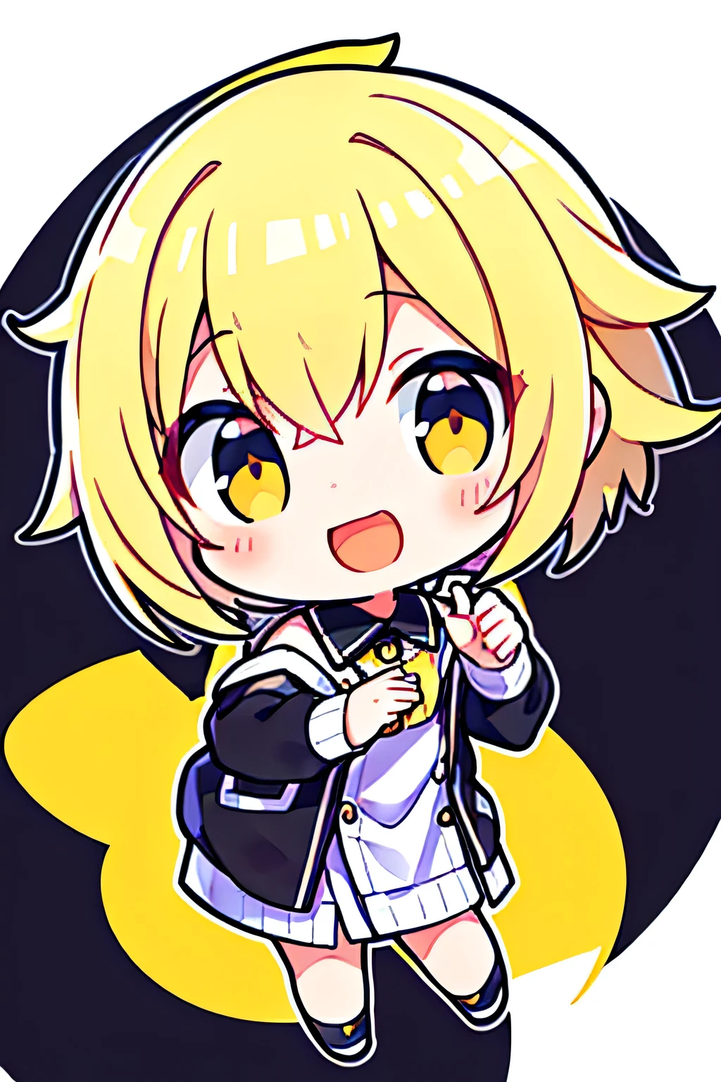 white background,adolable,ssmile,Q version boys,The yellow hair with a black gradient is young and cute,ultra cute,Medium-sized division of short-haired boys,hands out,facing the front there,greet,Two gestures ratio "Yay",Black cardigan sweatshirt,whitet-shirt,Gentle light and shadow