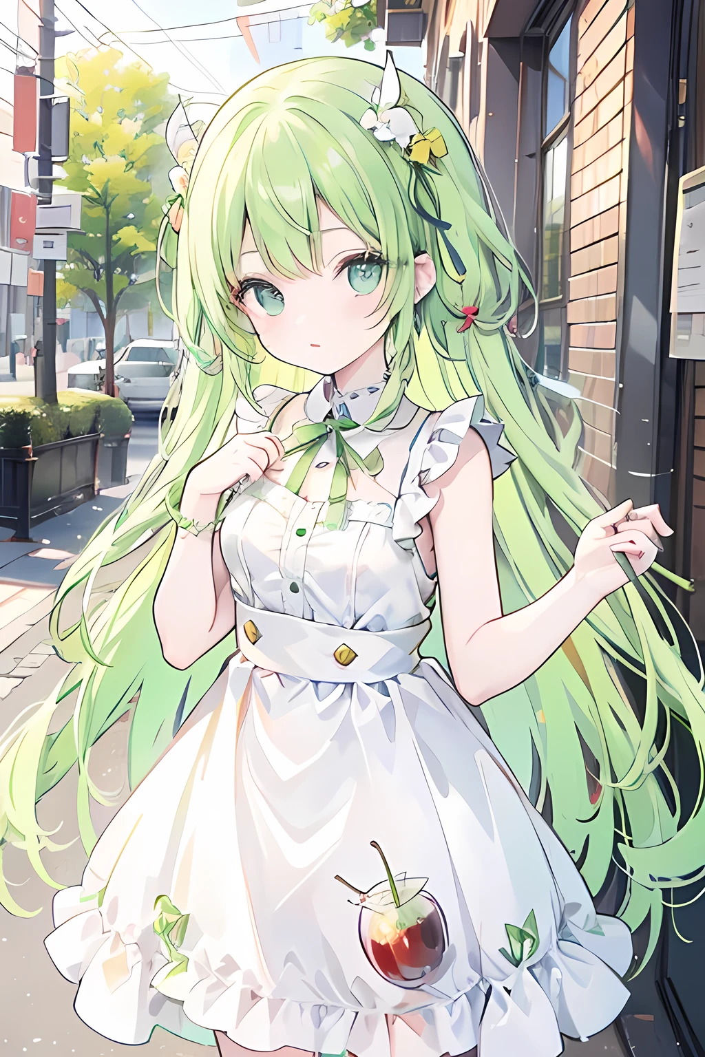 Melon Soda、Cafe、dress、Cherries、Pale skin、fine、cute、bright green eyes、Bright green hair、Fizzy