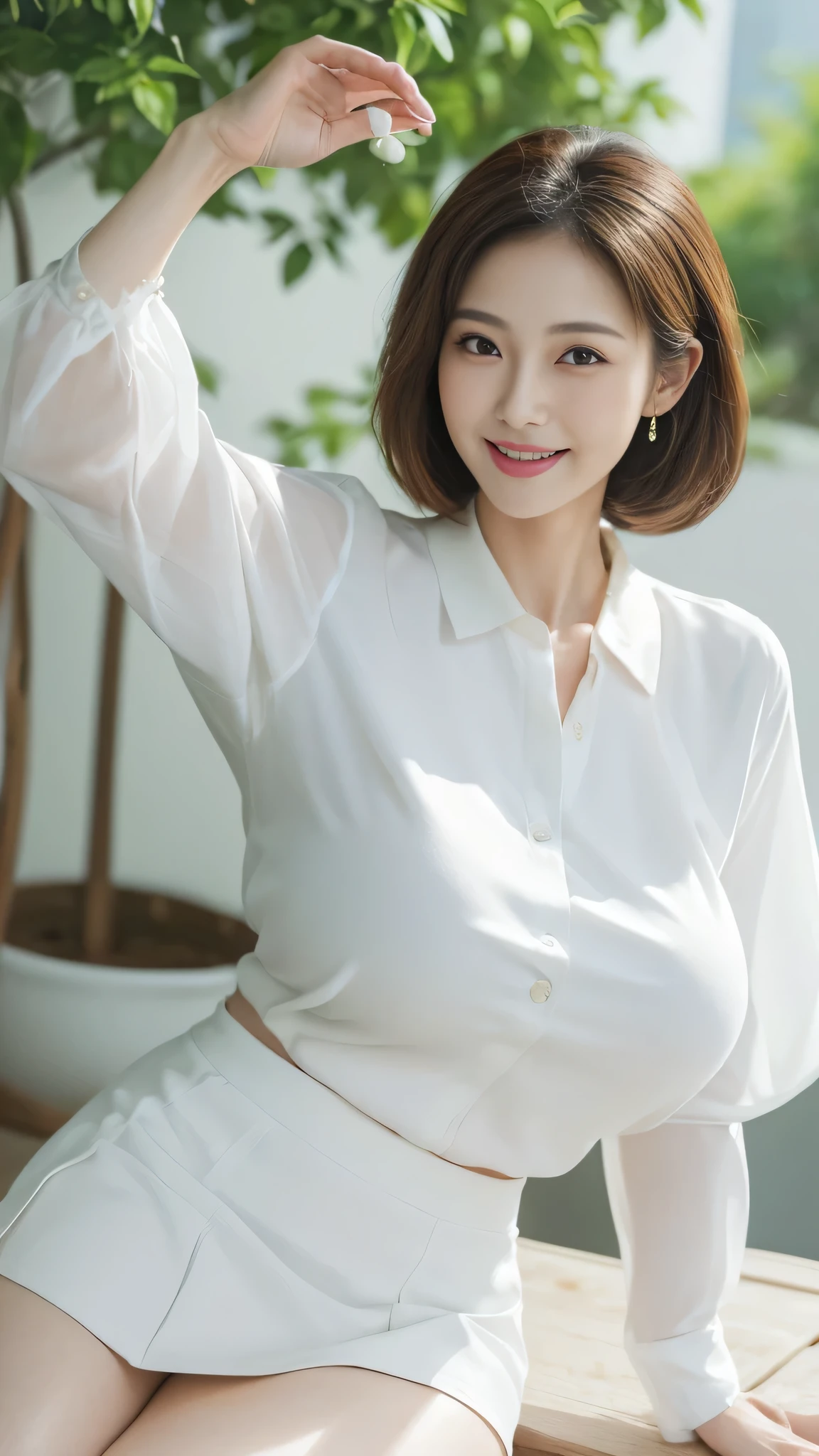 (8k, best quality, masterpiece, golden ratio composition,:1.3), (beautiful Japanese mature woman in her 30s), (huge breasts:1.5), (wearing a light white blouse and a mini skirt that matches the June season:1.5), smiling outdoors with a bright background