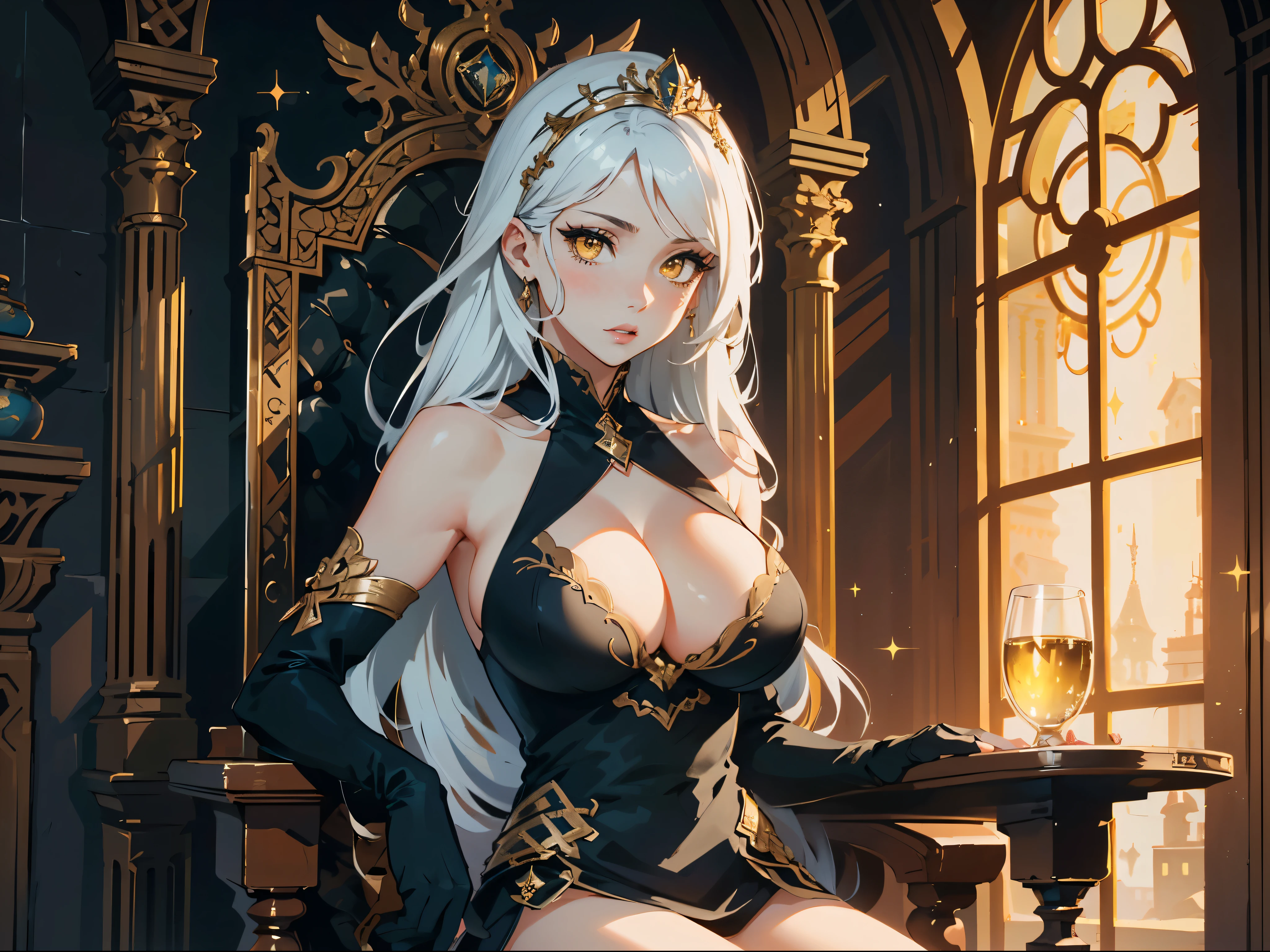 masterpiece, high quality, illustration, extremely detailed, cg unity 8k, 1_women, (upper body), sitting, sitting in throne, (Caucasian skin_complexion:1.4),mature, statuesque, tall, beautiful, exotic, large breasts, (shocked expression), hands in lap, nsfw, chest window, ((cleavage)), and halter dress, black ((diaphanous sparkling dress)) with gold trim, crown, black knee_high boots, ((white embroidery elbow gloves)), long white hair, realistic and detailed face having (yellow eyes), ((dark_eyeliner)), long_eyelashes), glass of wine, in luxurious theatre box,
