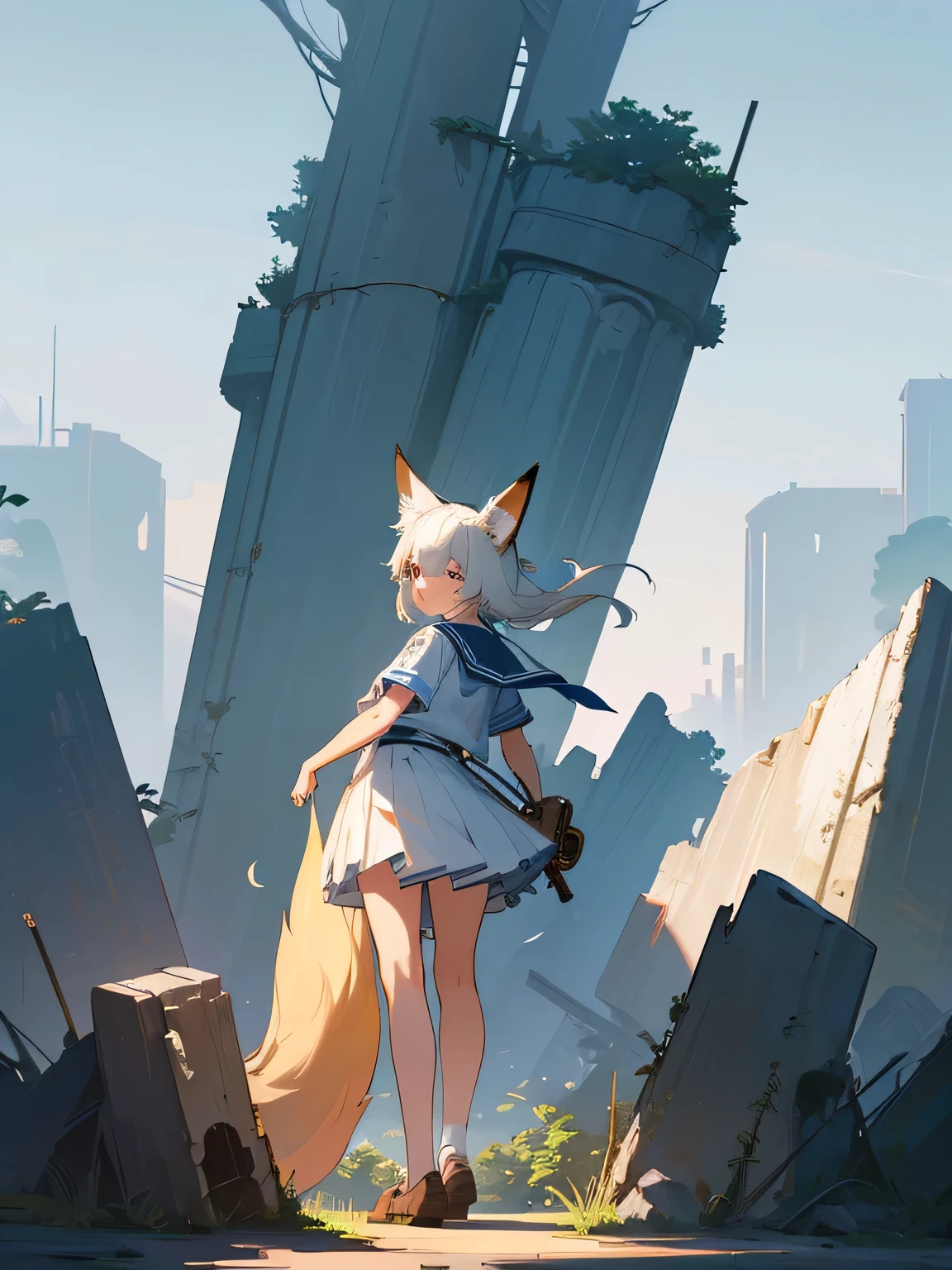 masterpiece, Best Quality, (Very detailed CG Unity 8K wallpaper), (Best Quality), Best Shadow, flom below, girl with fox ears, White Sailor Suit, Short sleeve, mini skirt, summer, blue sky, forest, ruins, moody lighting, (Highest Quality, Amazing details: 1.25), (Solo)