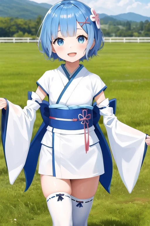 1kid masterpiece, best quality, highres, bbrem, short hair, x hair ornament, japanese clothes, white kimono, short kimono, detached sleeves, wide sleeves, sash, white thighhighs, aged down, standing, cowboy shot, outdoor, smile, open mouth,