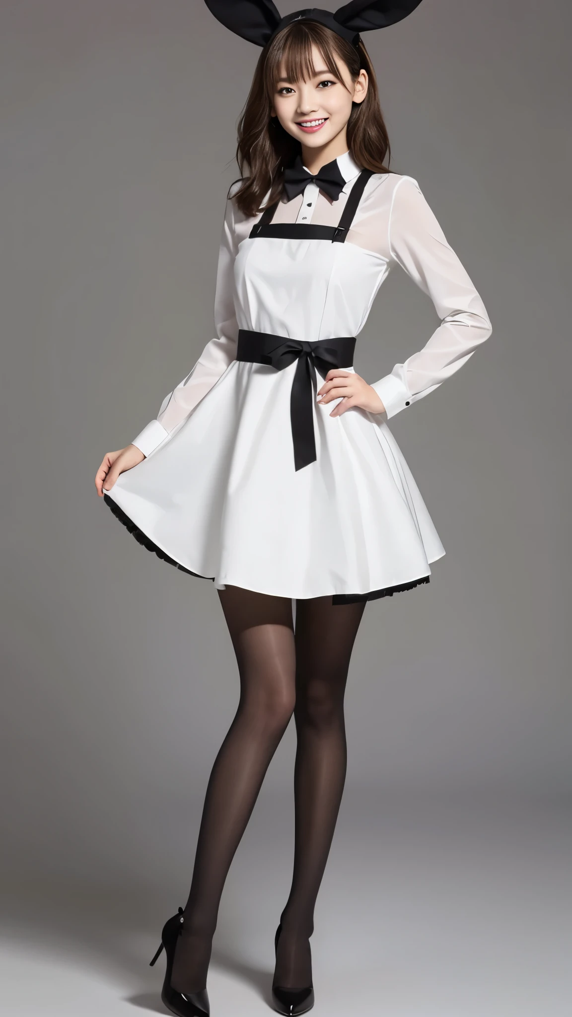 Bunny girl in maid outfit:1.5，Wearing black tights:1.5，The best smile:1.5，Full Body Shot:1.5，Gray background:1.5，Wearing black high heels:1.5，Short hair with side waves:1.5，