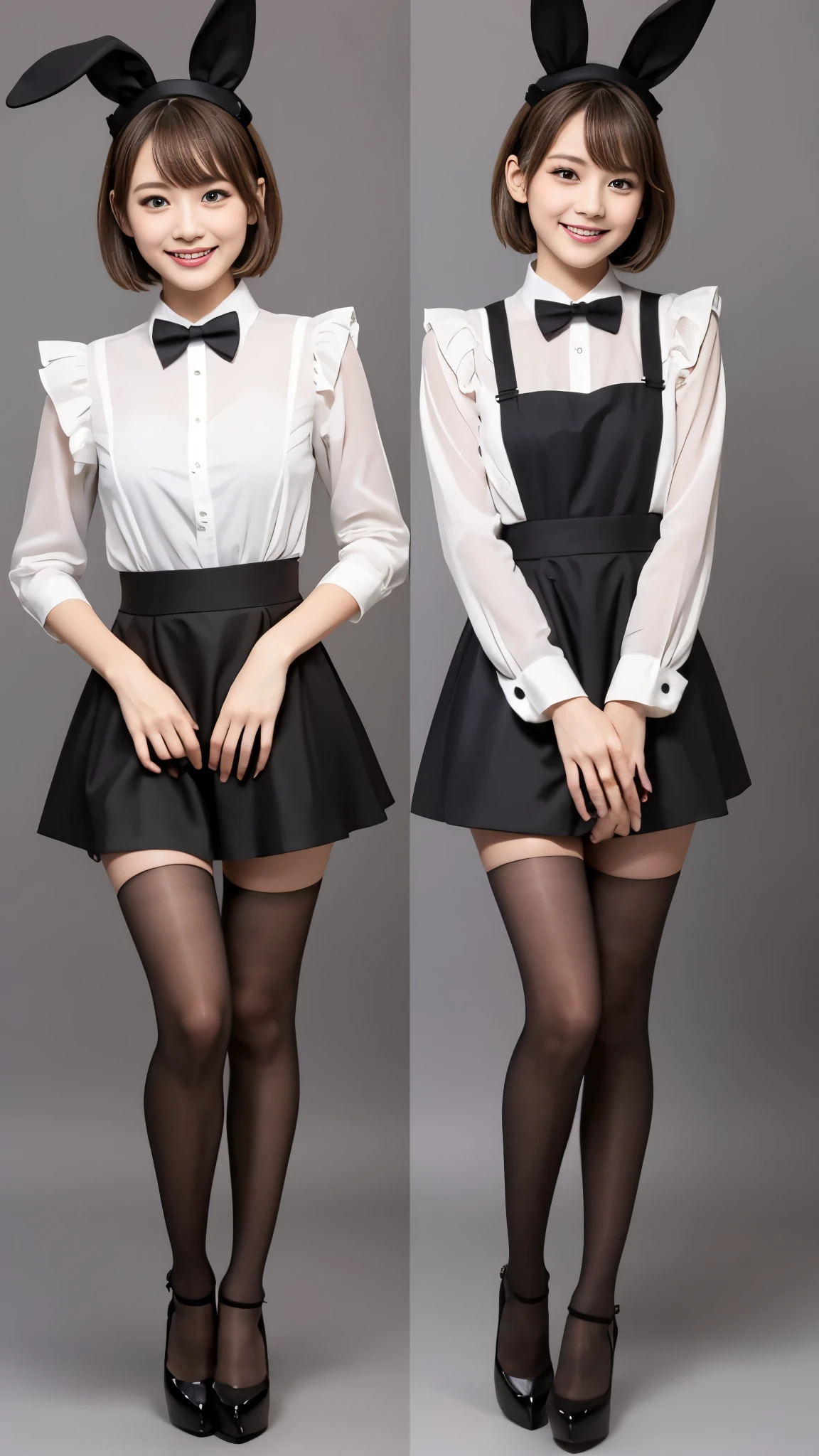 Bunny girl in maid outfit:1.5,Wearing black tights:1.5,The best smile:1.5,Full Body Shot:1.5,Gray background:1.5,Wearing black high heels:1.5,Short hair with side waves:1.5,
