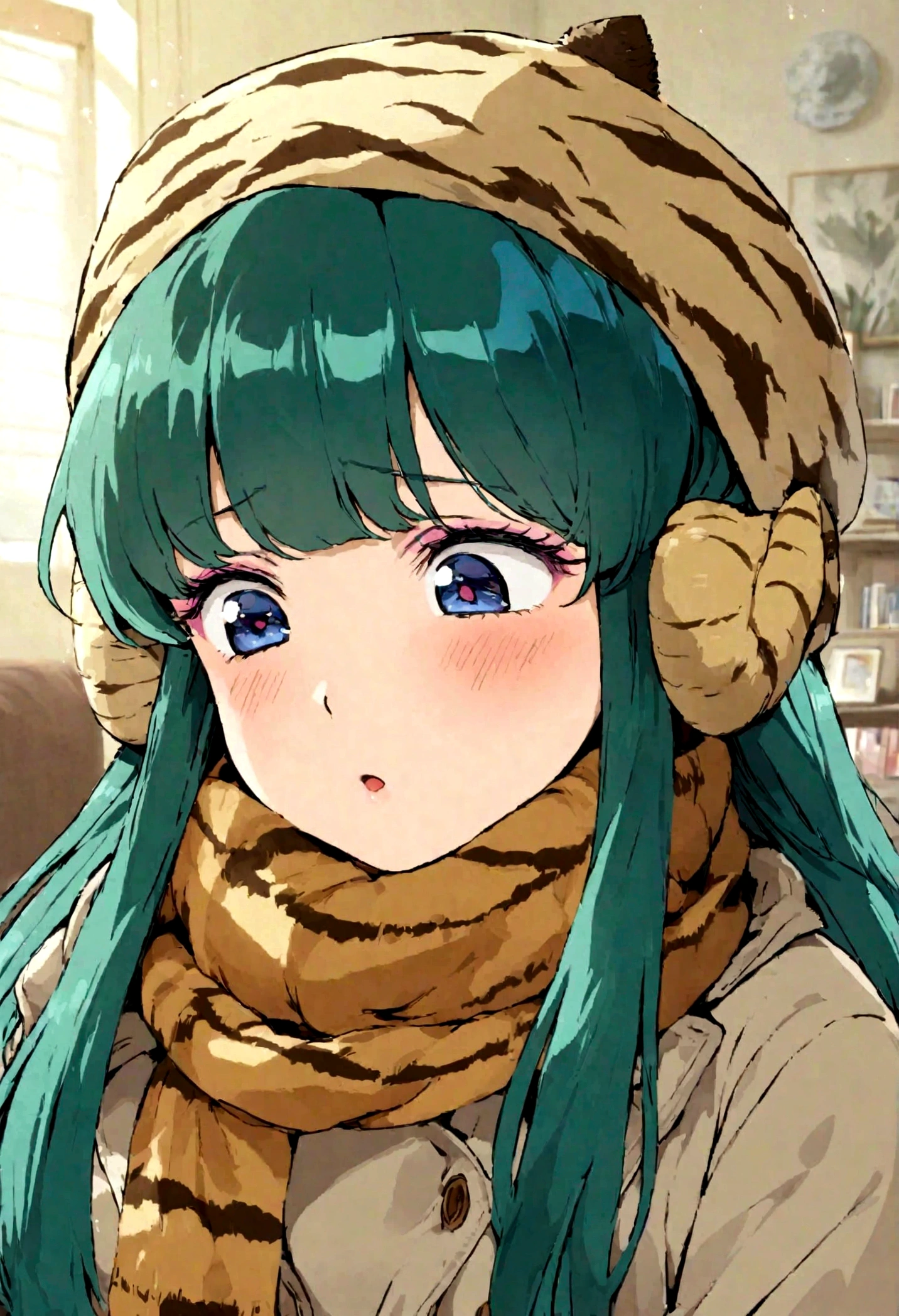 lum, solo, long hair, breasts, dark blue eyes, eyeshadow, dark green hair, bangs, tiny tiger-stripped horns, aqua hair, tsundere, knits a scarf, in the living room, in a jacket, in a hat with earflaps, joy on your face, tender emotion,