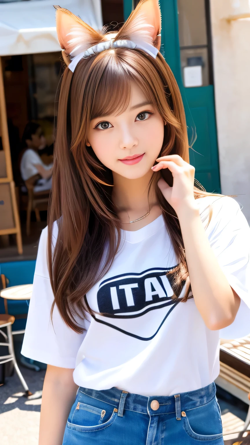 8k、highest quality、Like a real photo、masterpiece、Product quality, One Girl,, Young and beautiful woman in Japan, Long Bob Hair, attractive appearance,, High resolution, High detail, Detailed hairstyle, Detailed face, Great cinema lighting, Octane Rendering, Vibrant, Ultra-realistic, Perfect limbs, Perfect Anatomy、、Cat ears on the head、her hair is light brown.、Cool clothes、In the background is a cafe terrace、A human who is a mix of a cat and a girl、Natural color lip、Attractive eyes、Cat color'The ears are dark brown.、Eye color is blue、the ears are hidden by the hair、Double teeth、Yawn