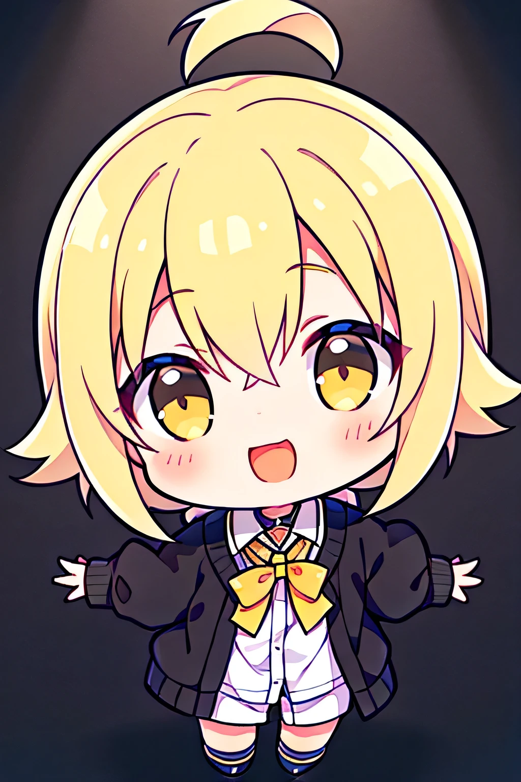white background,adolable,ssmile,Q version boys,The yellow hair with a black gradient is young and cute,ultra cute,Medium-sized division of short-haired boys,hands out,facing the front there,greet,Two gestures ratio "Yay",Black cardigan sweatshirt,whitet-shirt,Gentle light and shadow