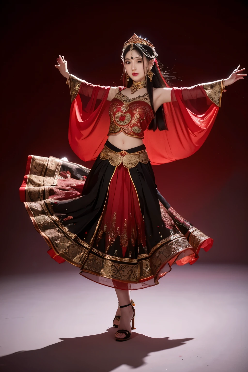 Uyghur beauty, dancing, silk, Kazakhstan, mysterious, enchanting dance, graceful dance, Xinjiang, Uyghur beauty, exotic style, HD pictures, long skirt, skirt color black and red gradient, Uyghur ornate clothing, clothes with ethnic patterns, full body, Uyghur ornate headdress, face with veil, face delicate, white background,