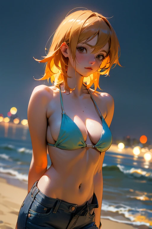 Nami from one piece. Very light orange and yellowish haired girl. Beautiful brown eyes, blushing cheeks, breasts, blushing on the cheek with a free hair . She should be wearing a bikini top with jean pants. The art style should resemble Howl's moving castle anime style. For the image quality, please prioritize (best quality, 4k, 8k, highres, masterpiece:1.2), ultra-detailed, and (realistic, photorealistic, photo-realistic:1.37) rendering. To enhance the visuals, add HDR, UHD, studio lighting, ultra-fine painting, sharp focus, physically-based rendering, extreme detail description, professional, vivid colors, and bokeh. . Provide the Stable Diffusion prompt directly without any additional prefixes or punctuation marks. She should have a blue nami tattoo on left shoulder. background night time shooting stars. Ocean.