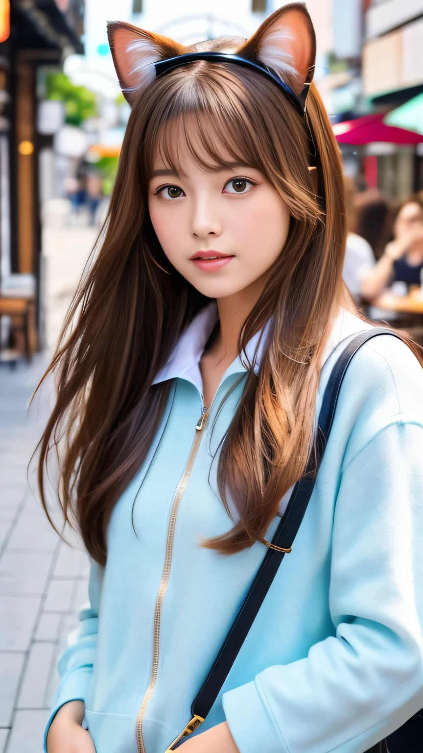 8k、highest quality、Like a real photo、masterpiece、Product quality, One Girl,, Young and beautiful woman in Japan, Long Bob Hair, attractive appearance,, High resolution, High detail, Detailed hairstyle, Detailed face, Great cinema lighting, Octane Rendering, Vibrant, Ultra-realistic, Perfect limbs, Perfect Anatomy、、Cat ears on the head、her hair is light brown.、Cool clothes、In the background is a cafe terrace、A human who is a mix of a cat and a girl、Natural color lip、Attractive eyes、Cat color'The ears are dark brown.、Eye color is blue、the ears are hidden by the hair、Double teeth、Yawn