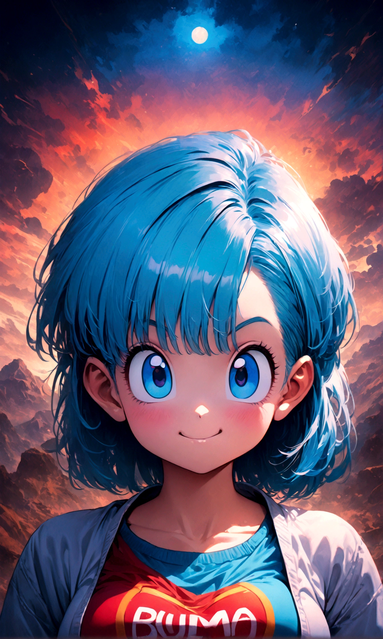 (1 female,bulma, blue eyes, blue hair),akira toriyama style,Dragon Ball,cute,,Intricate details,POP Illustration,Wide range of colors,artwork,rendering,Smiling in a relaxed pose,(masterpiece:1.3),(highest quality:1.4),(ultra detailed:1.5),High resolution,extremely detailed,unity 8k wallpaper,