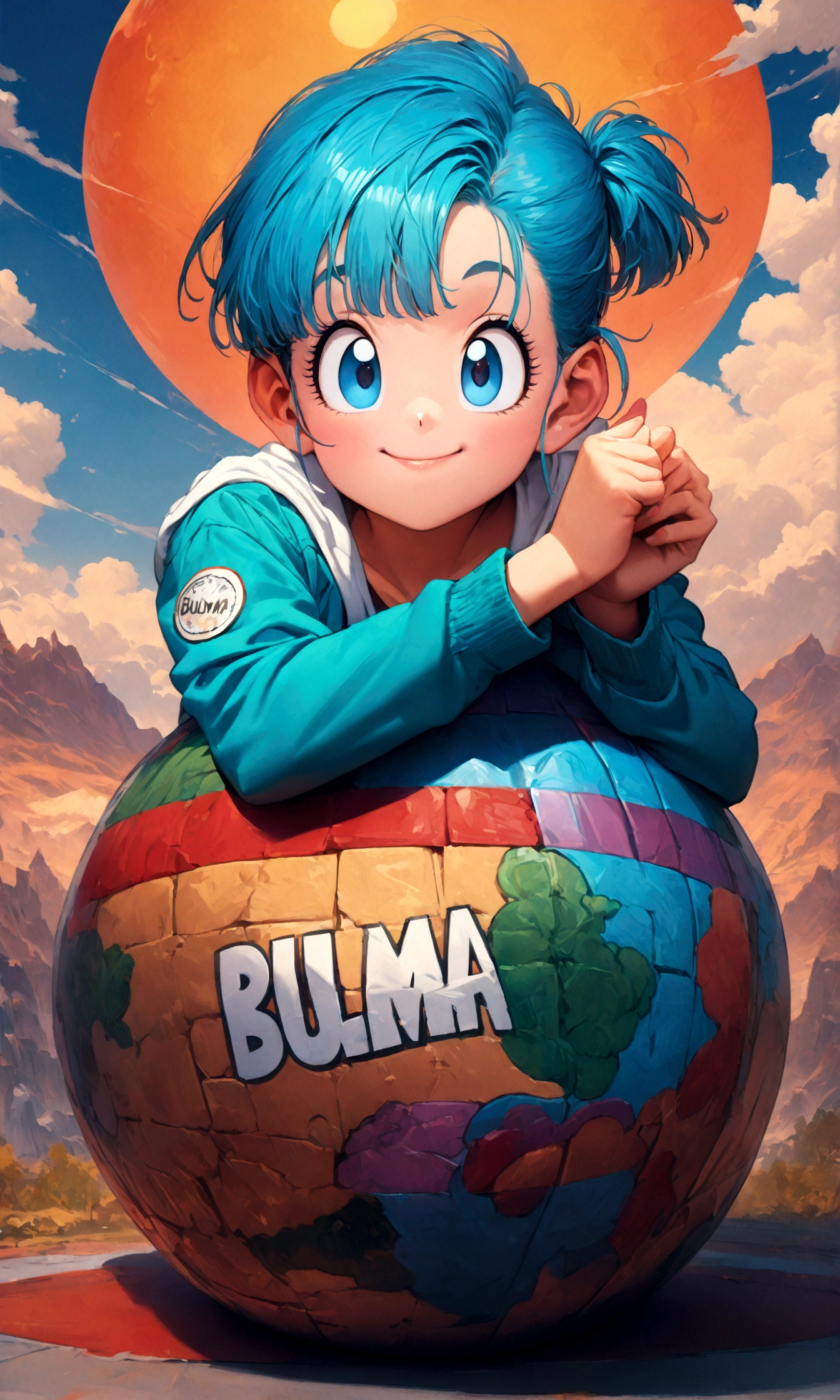 (1 female,bulma, blue eyes, blue hair),akira toriyama style,Dragon Ball,cute,,Intricate details,POP Illustration,Wide range of colors,artwork,rendering,Smiling in a relaxed pose,(masterpiece:1.3),(highest quality:1.4),(ultra detailed:1.5),High resolution,extremely detailed,unity 8k wallpaper,