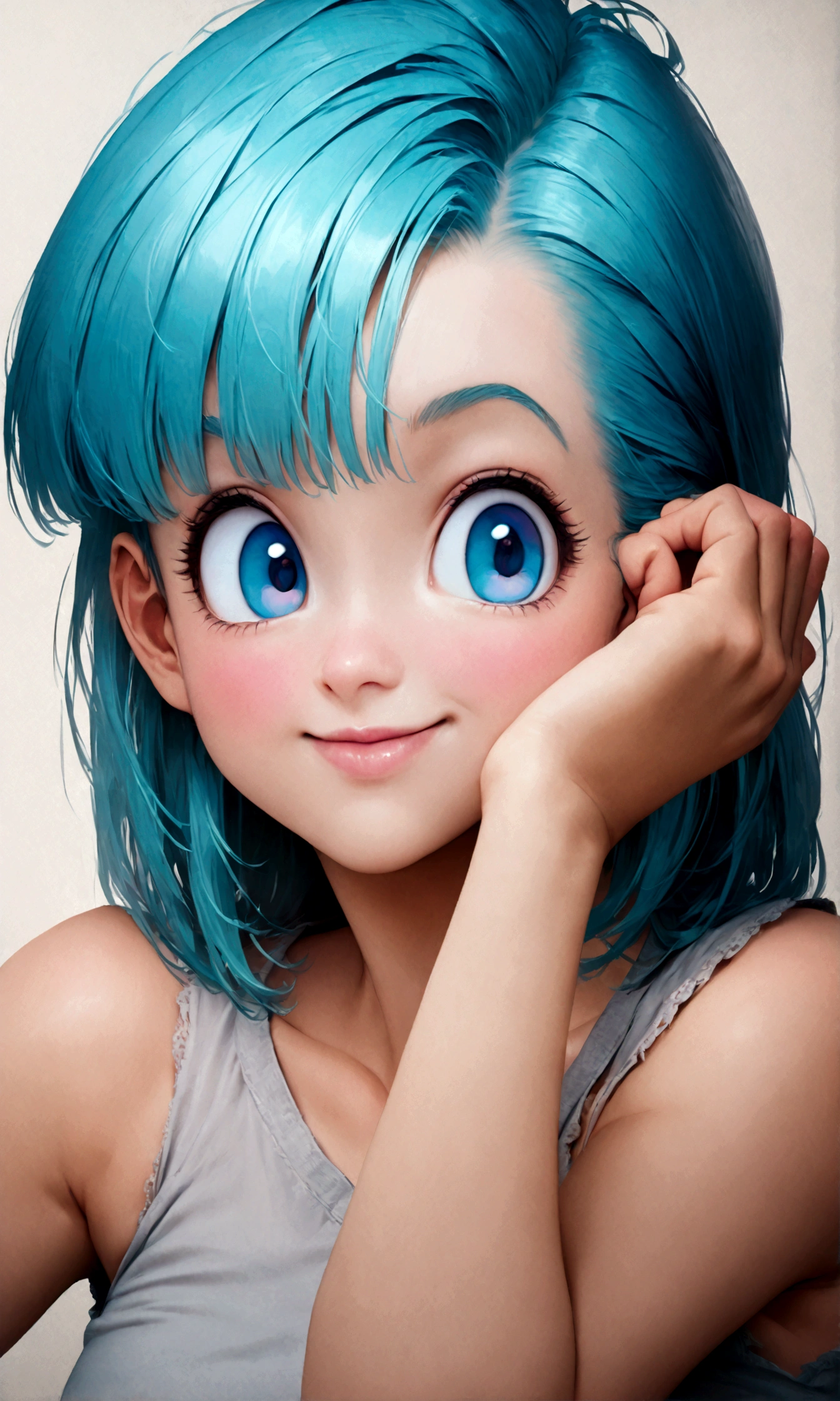 (1 female,bulma, blue eyes, blue hair),akira toriyama style,Dragon Ball,cute,,Intricate details,POP Illustration,Wide range of colors,artwork,rendering,Smiling in a relaxed pose,(masterpiece:1.3),(highest quality:1.4),(ultra detailed:1.5),High resolution,extremely detailed,unity 8k wallpaper,