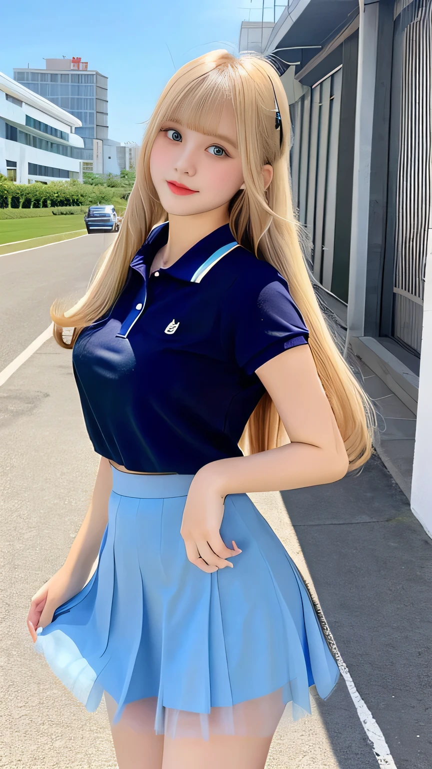 Cute polo shirt、Sexy Big 、A cute 15-year-old girl with a sexy and cute look, beautiful and sexy face、A strong wind blows my hair in front of my face、With straight blonde hair、beautiful, Cute and sexy eyes hidden behind long bangs、Blue Eyes、Cute colorful tulle mini skirt