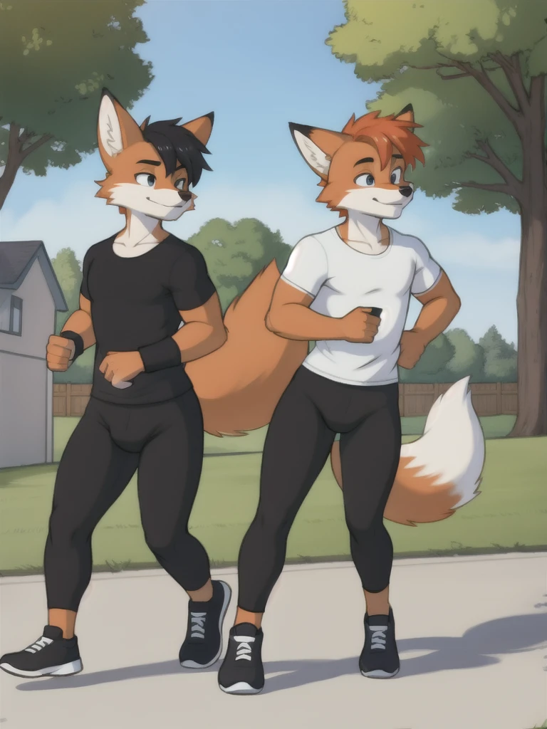 Furry, fox, male, twins, black leggings, white shirt, jogging outside the house, teen