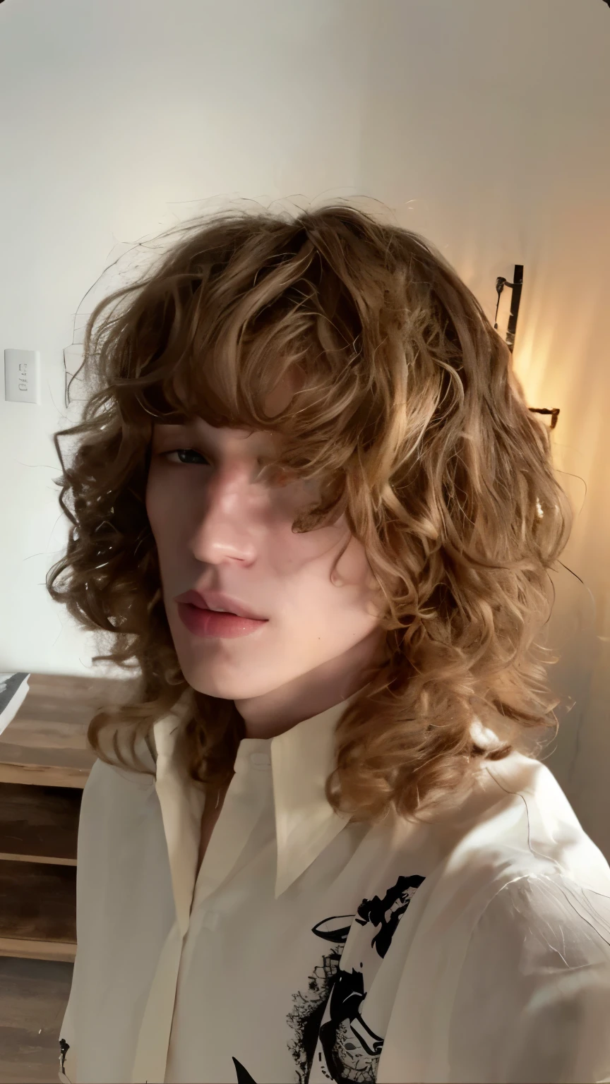 there is a man with a white shirt and a brown hair, pale skin curly blond hair, he has short curly brown hair, curly bangs, long messy curly hair, curls on top of his head, messy curly hair, curly middle part haircut, bangs and wavy hair, curtain bangs, his hair is messy and wild, his hair is messy and unkempt