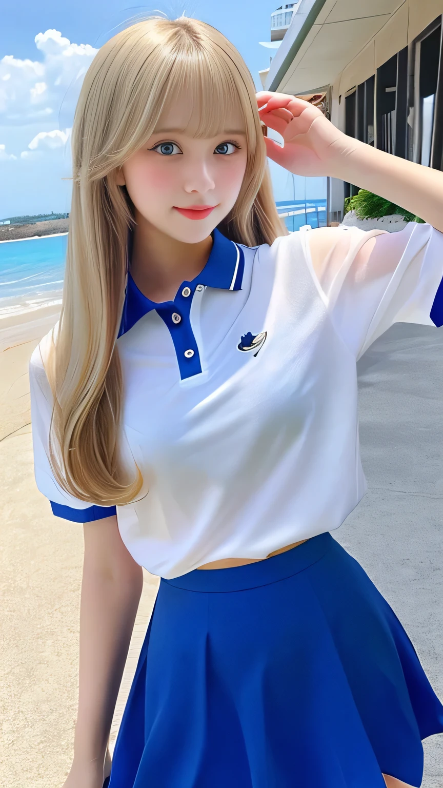 Cute polo shirt、Sexy Big 、A cute 15-year-old girl with a sexy and cute look, beautiful and sexy face、A strong wind blows my hair in front of my face、With straight blonde hair、beautiful, Cute and sexy eyes hidden behind long bangs、Blue Eyes、Cute colorful tulle mini skirt