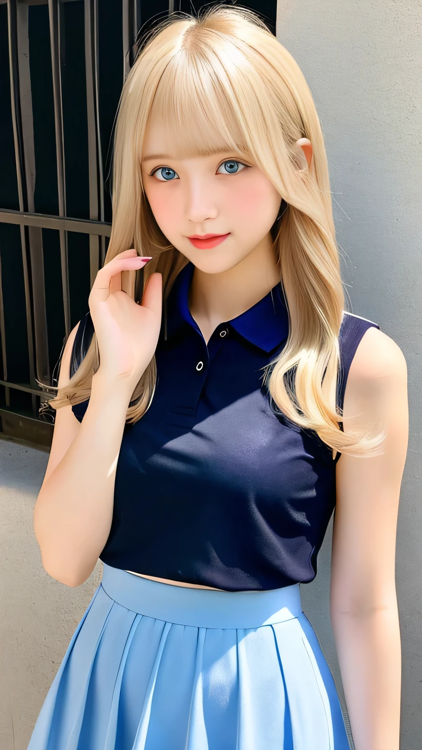 Cute polo shirt、Sexy Big 、A cute -yeld giwith a sexy and cute look, beautiful and sexy face、A strong wind blows my hair in front of my face、With straight blonde hair、beautiful, Cute and sexy eyes hidden behind long bangs、Blue Eyes、Cute colorful tulle mini skirt