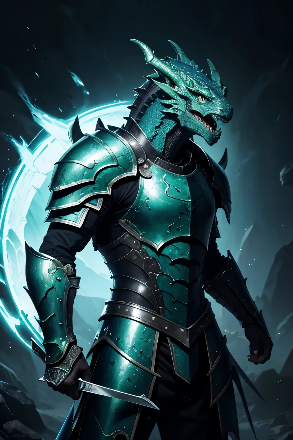 Dragon-born, scaley green skin, large club, blue plate armor, angry expression