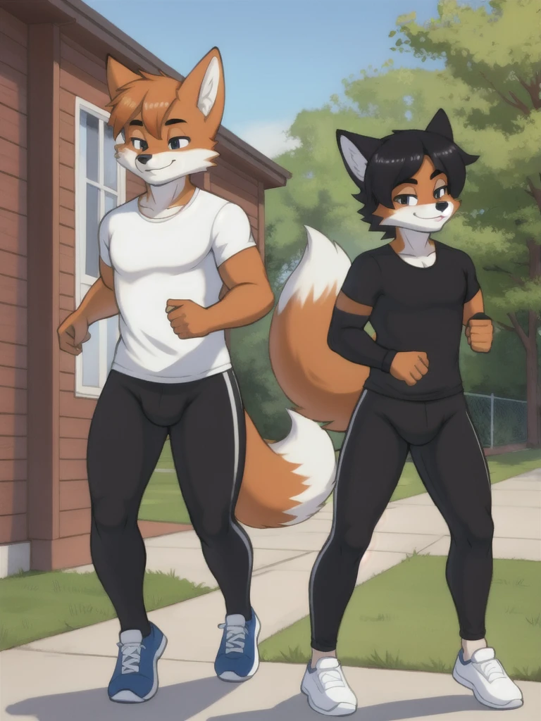 Furry, fox, male, twins, black leggings, white shirt, jogging outside the house,